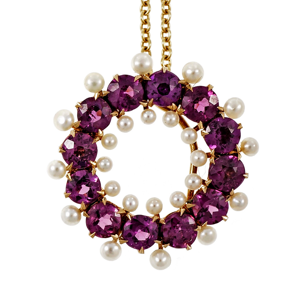 14K  18K Yellow Gold with Pink Purple Garnet  Pearl Necklace
