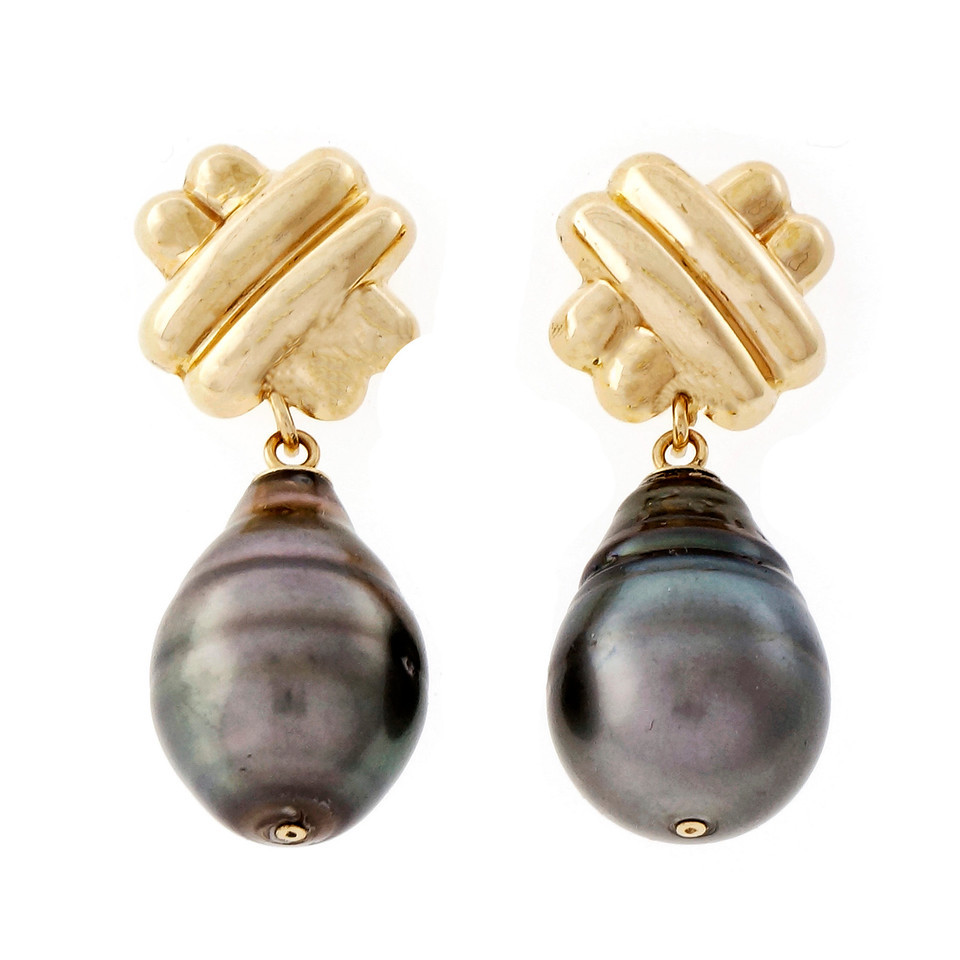 14K Yellow Gold  Black South Sea Cultured Pearl Dangle Earrings