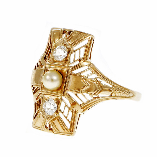 Vintage 14K Yellow Gold Cultured Pearl  0.14ct Diamond Filigree Ring Size 7.5  