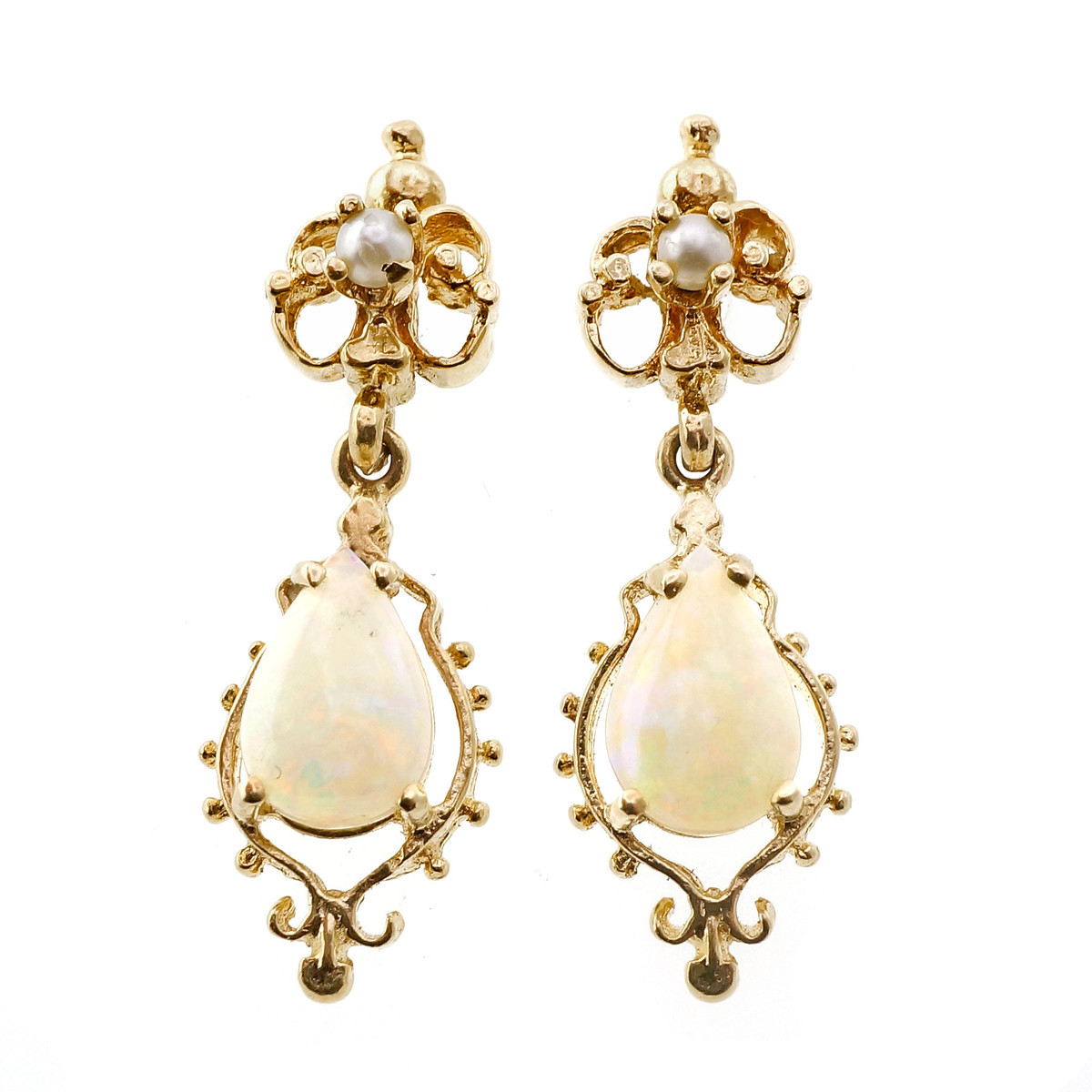 14K Yellow Gold Opal  Pearl Dangle Earrings