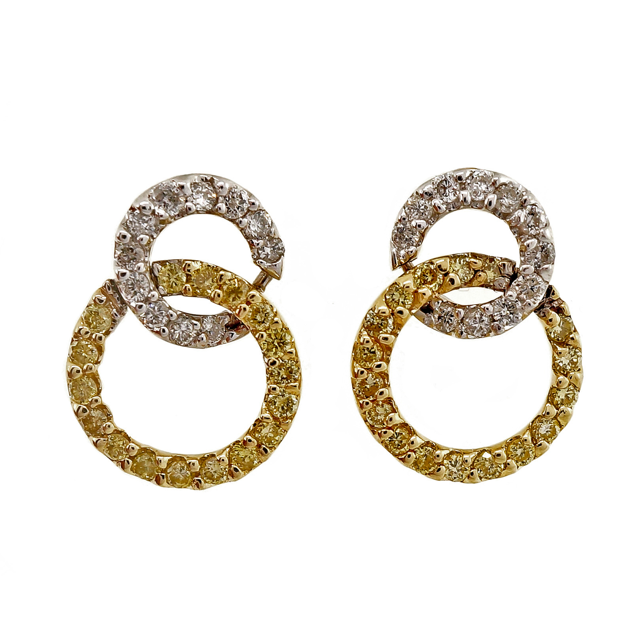 14K Yellow  White Gold Diamond Double Circle Earrings