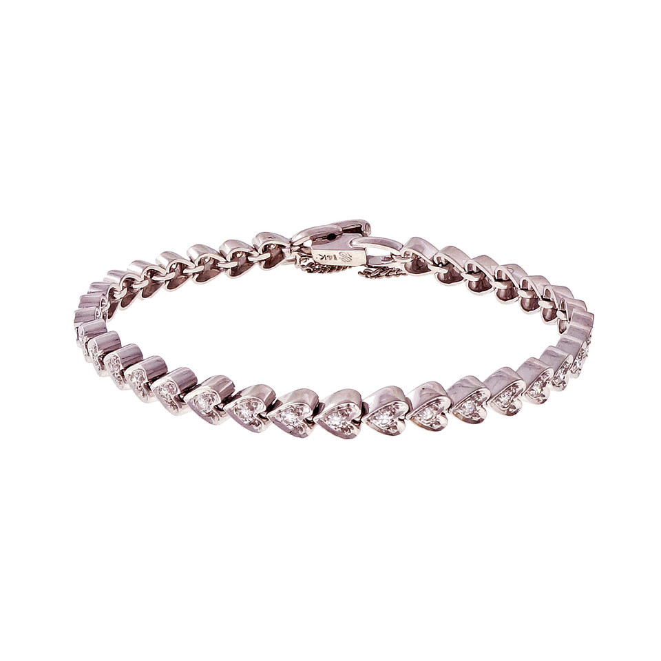 14K White Gold with Heart Diamond Hinged Link Bracelet 