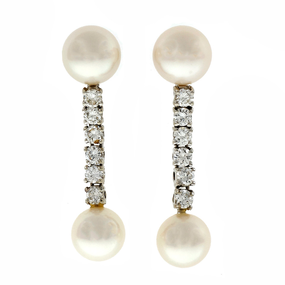 14K White Gold Culture Pearl  Diamond Dangle Earrings