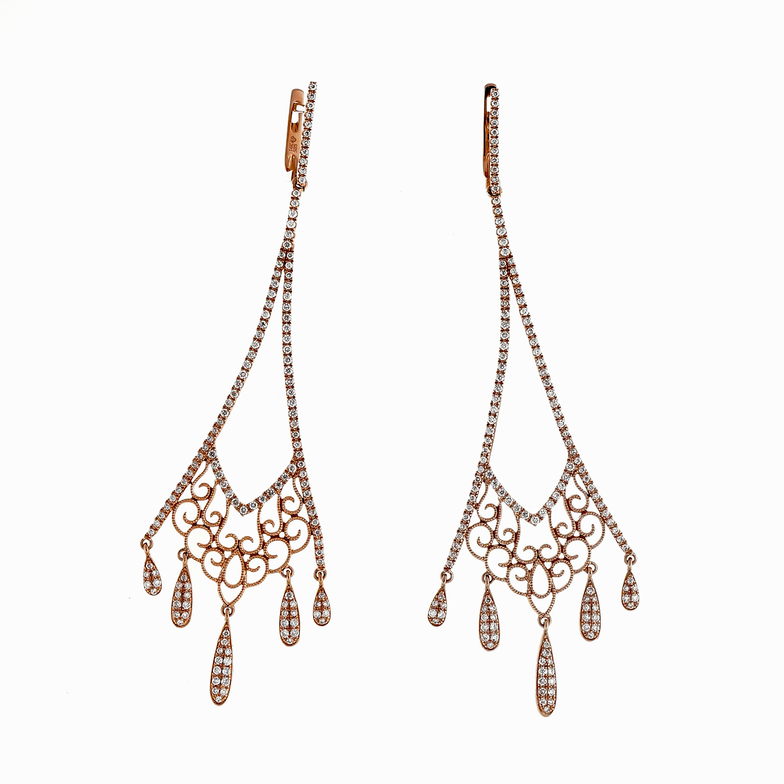 14K Rose Gold with 1.14ct Diamonds Long Dangle Earrings