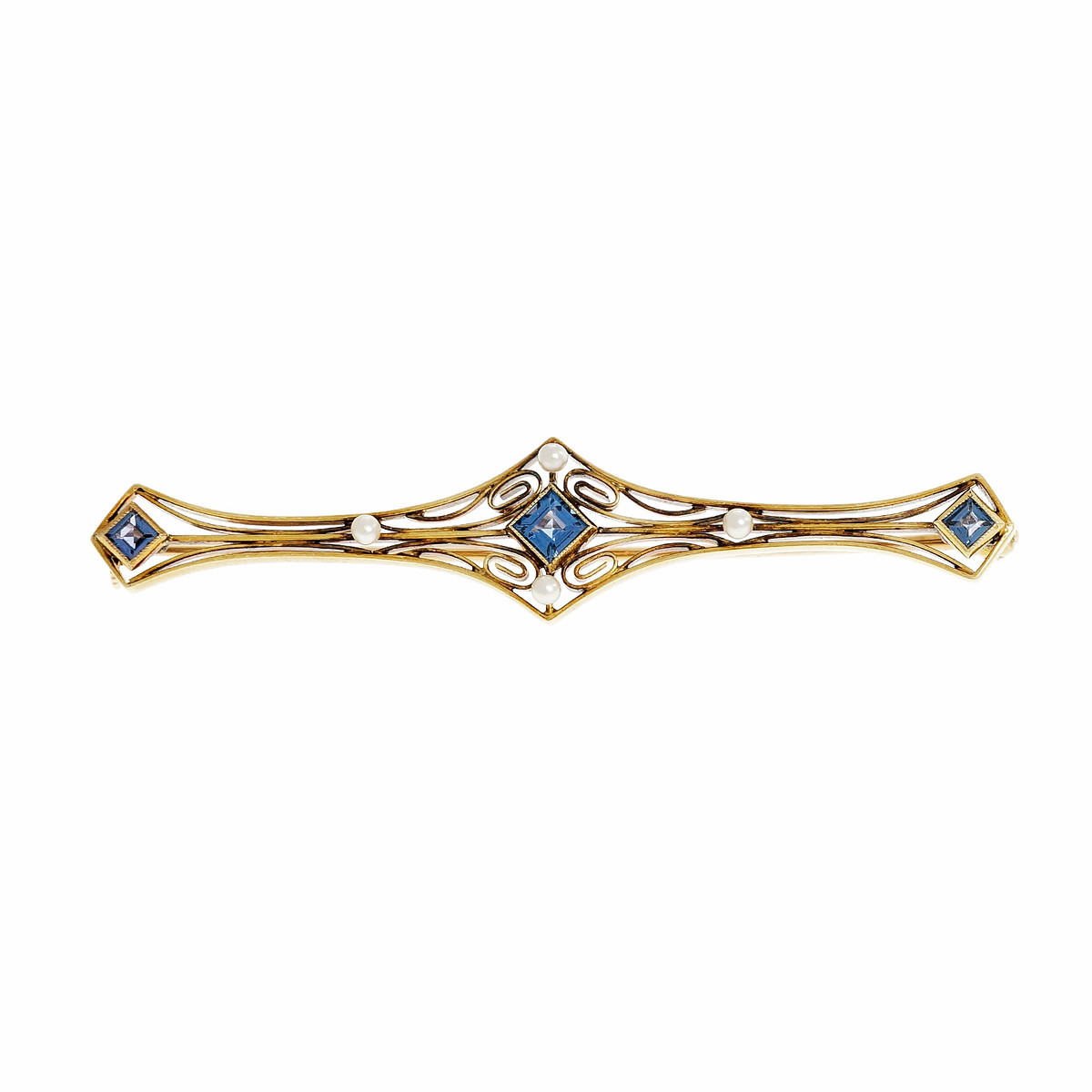 14k Yellow Gold Montana Sapphire Cultured Pearl Art Deco Bar Pin 