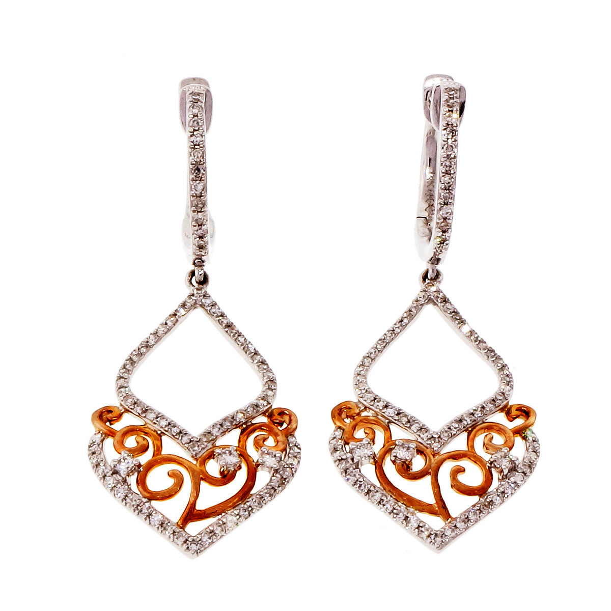 14K Rose  White Gold Diamond Dangle Earrings