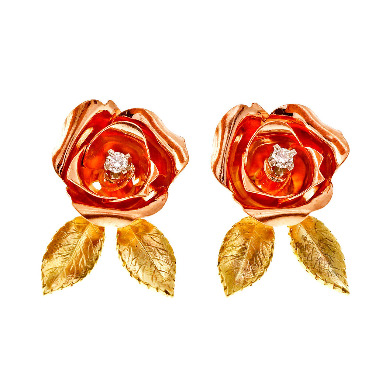 14K Pink and Yellow Gold Diamond Flower Earrings