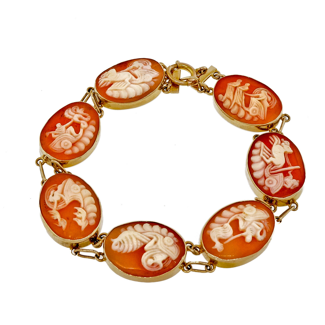 14K Yellow Gold 7 Oval Carved Cameo Bracelet