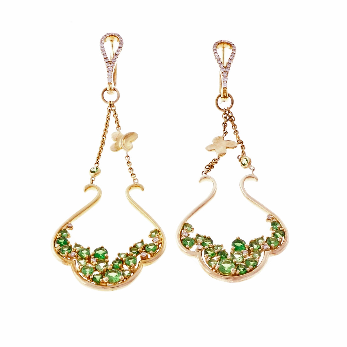 14K Yellow Gold Green Tsavorite Garnet  Diamond Dangle Earrings