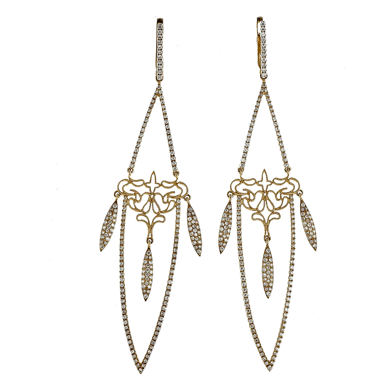 14K Yellow Gold  1.29ct Diamond Long Dangle Earrings