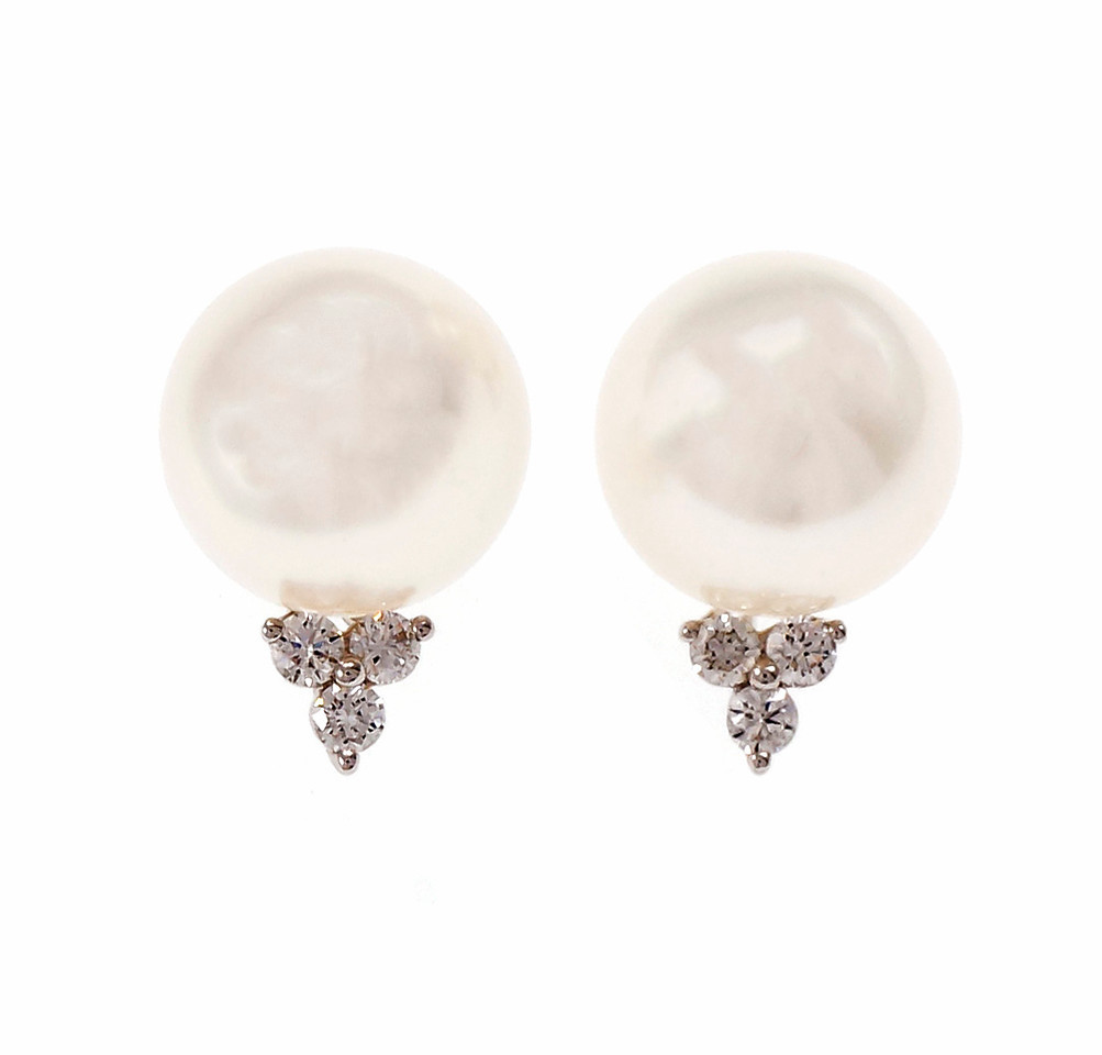 18K White Gold South Seas Cultured Pearl  Diamond Earrings