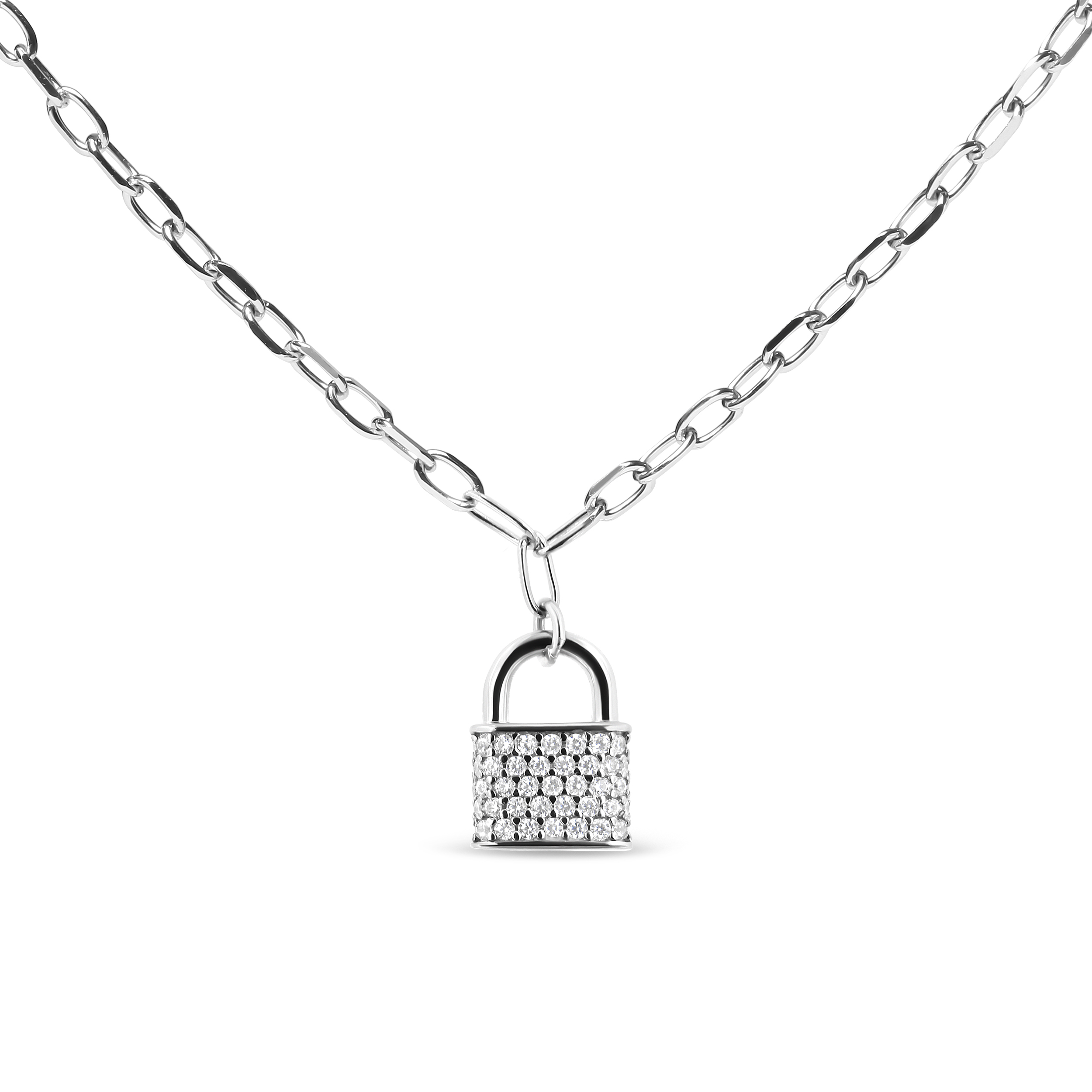 .925 Sterling Silver 1/4 Cttw Diamond Lock 20" Pendant Necklace with Paperclip Chain (H-I Color, SI2-I1 Clarity)