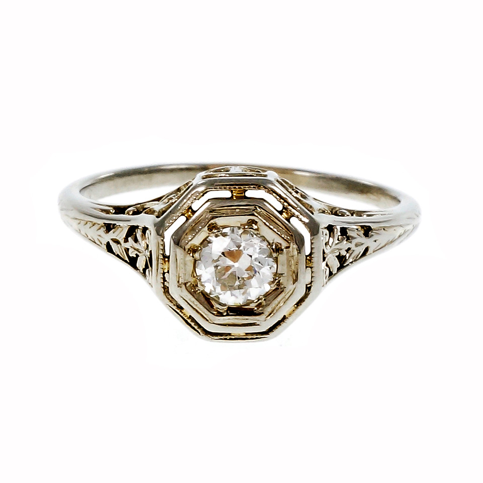 18K White Gold Art Deco Diamond Ring Size 6 