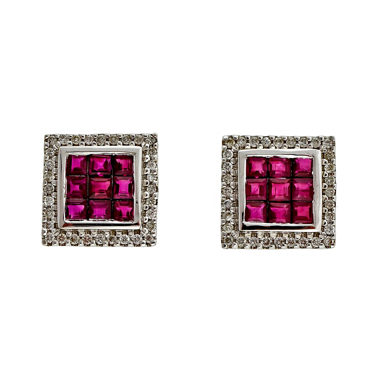 18K White Gold Square .90ct Ruby  0.25ct Diamond Earrings