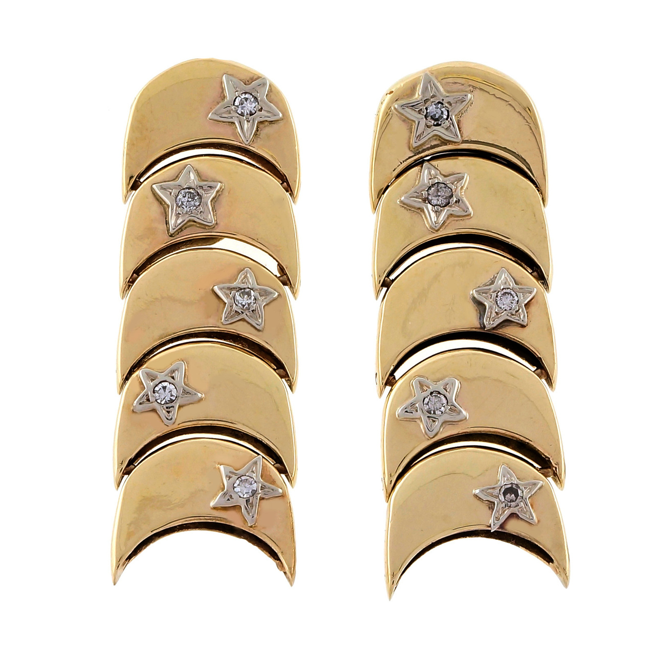14K Yellow Gold Diamond Stars Crescent Hinged Dangle Earrings 