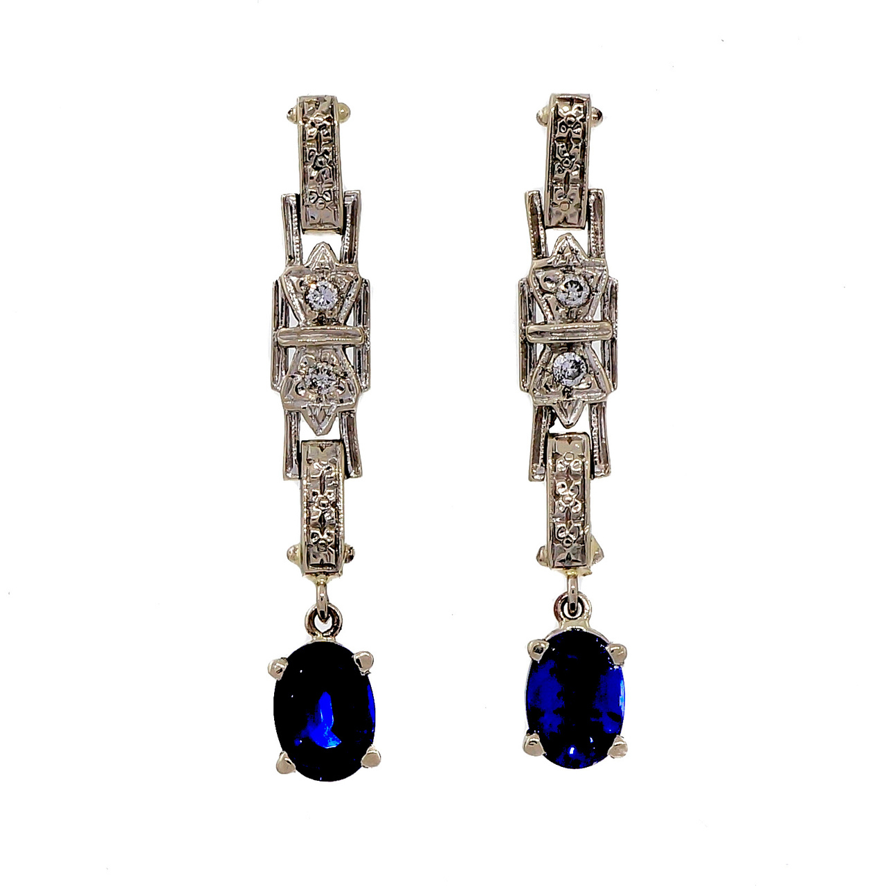 14K White Gold 2.00ct Sapphire  Diamond Vintage Dangle Earrings