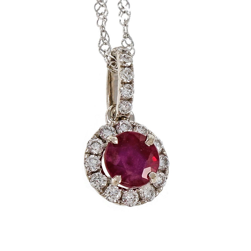 14K White Gold with 0.33ct Round Bright Red Ruby  Diamond Pendant Necklace