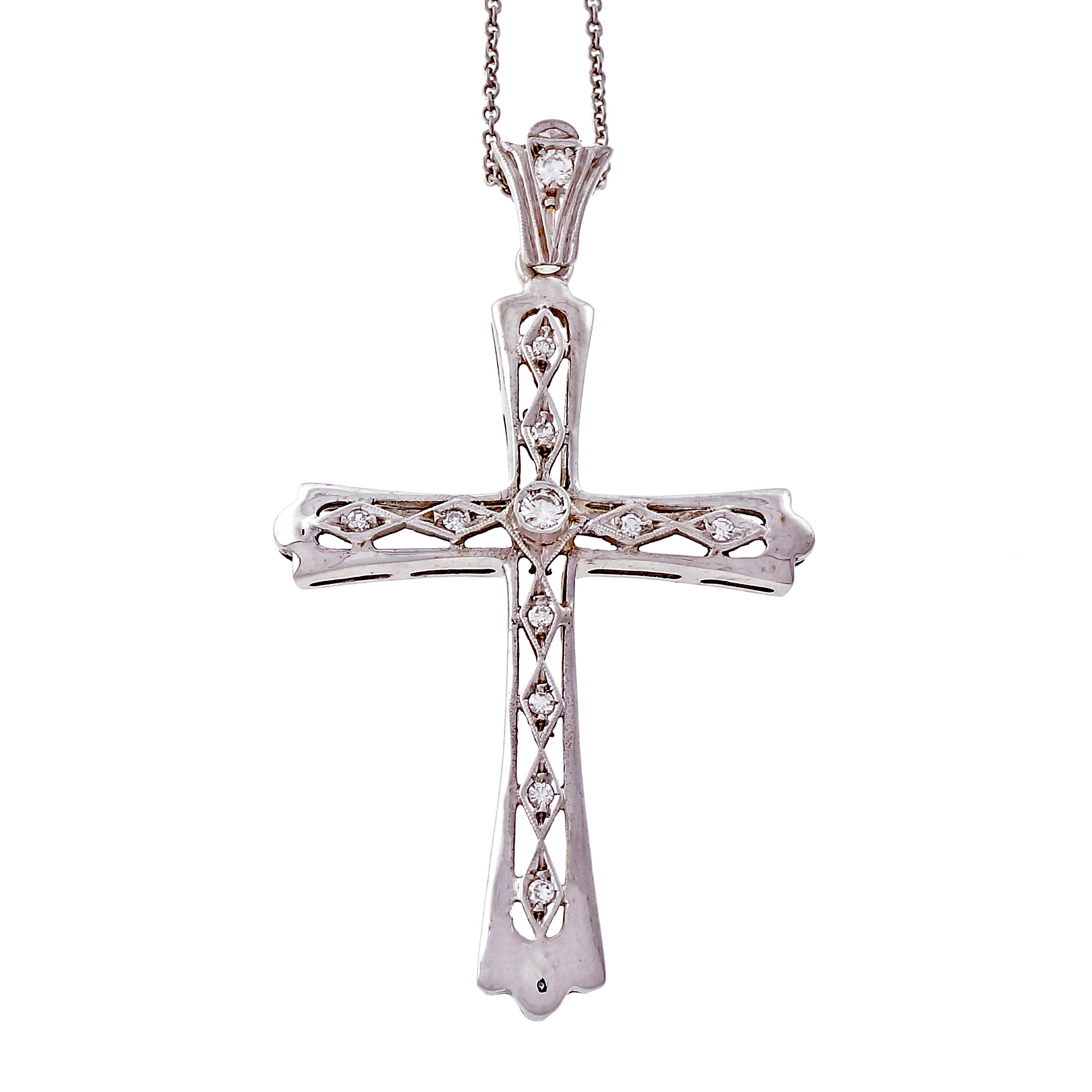 Platinum 1950 Diamond Cross Open Work Vintage Necklace