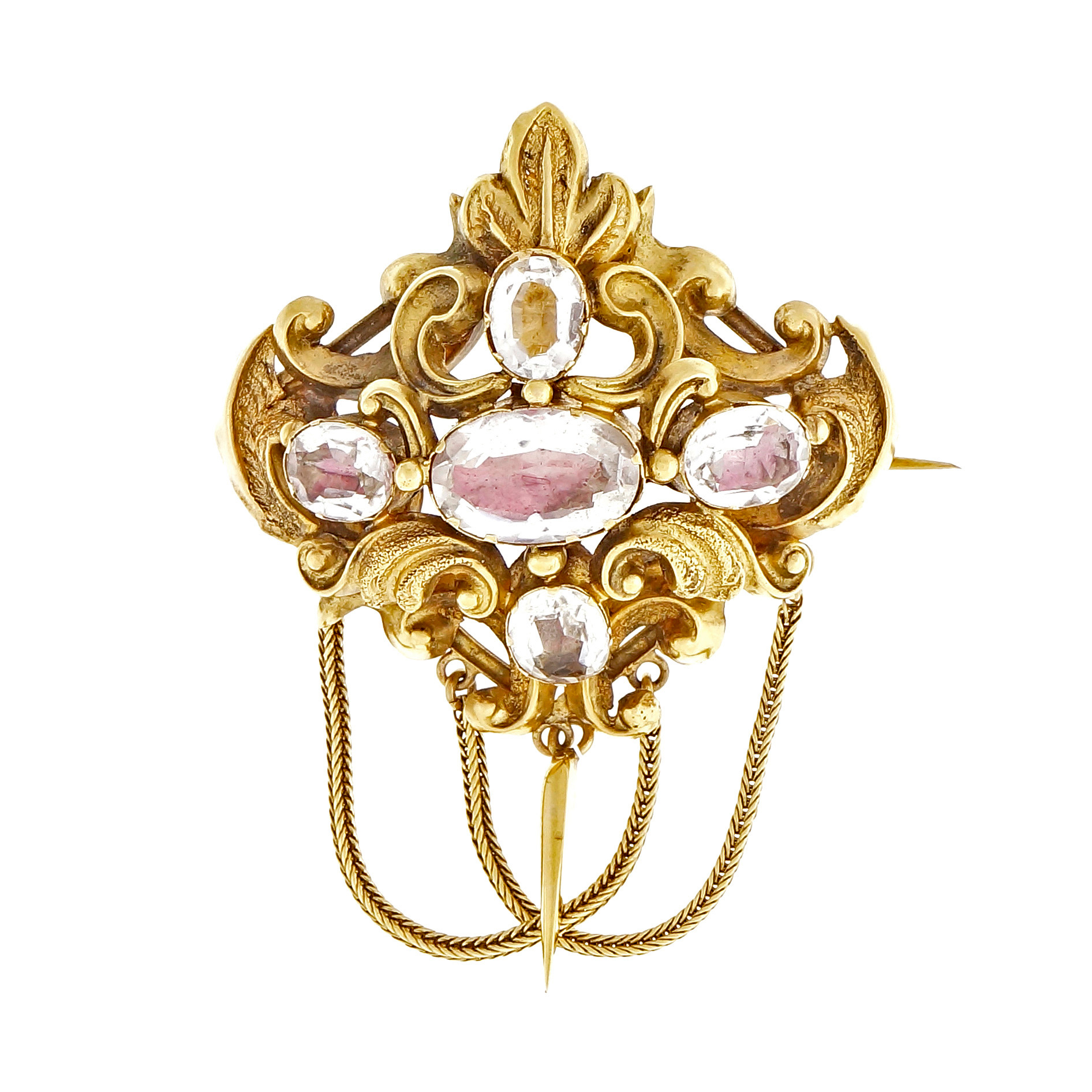 Vintage 1970 Angel Skin Quartz 14k Yellow Gold Leaf Pin Ruby Stem
