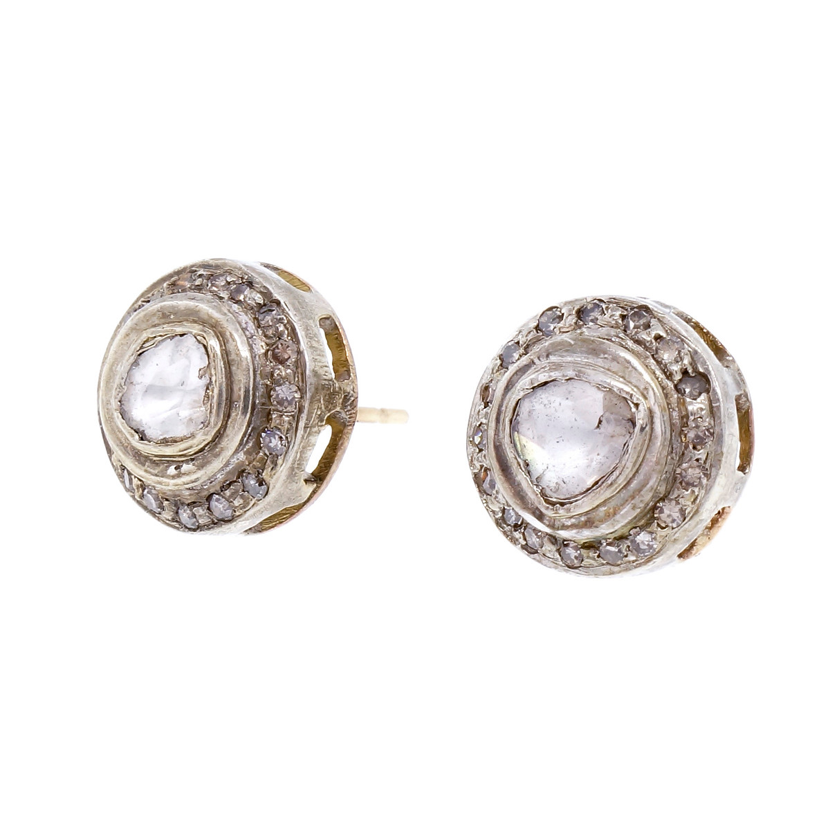 14K Yellow Gold Diamond Silver Top Earrings 
