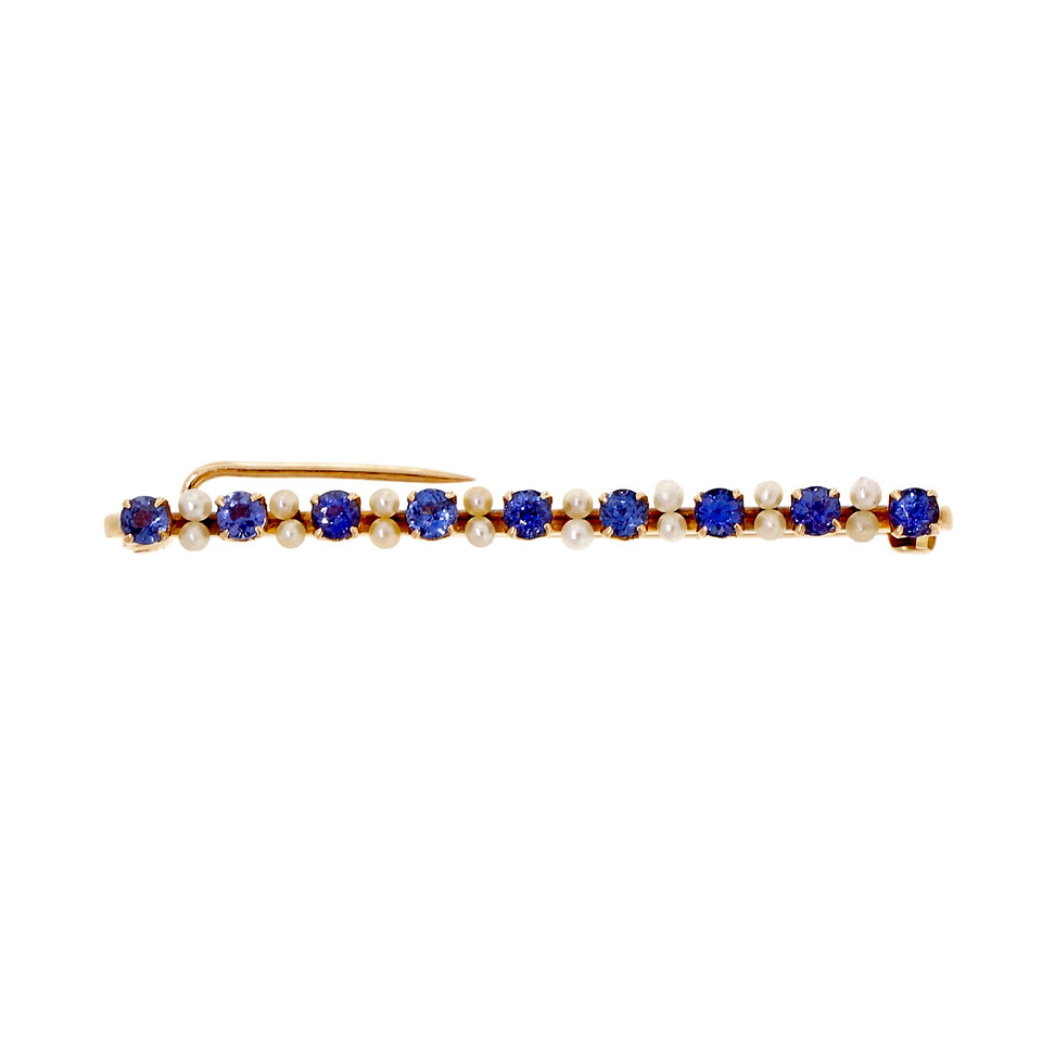 14k Yellow Gold Montana Sapphire Cultured Pearl Bar Pin 
