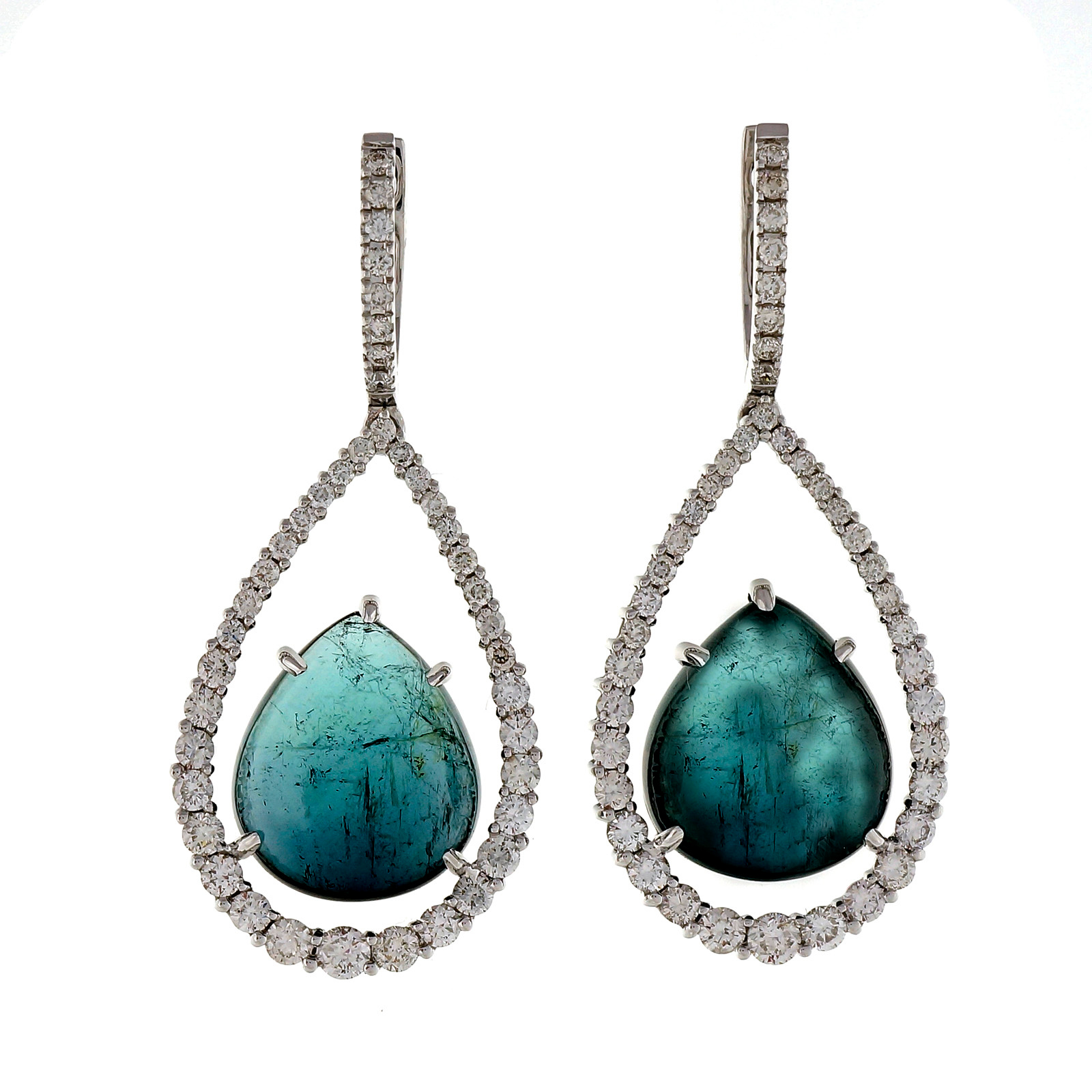 14K White Gold 15.84ct Blue Tourmaline  1.50ct Diamond Dangle Earrings