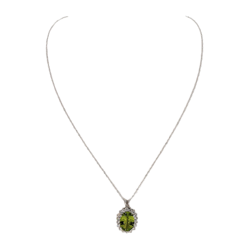 14K White Gold with 3.50ct Peridot  0.90ct Diamond Necklace