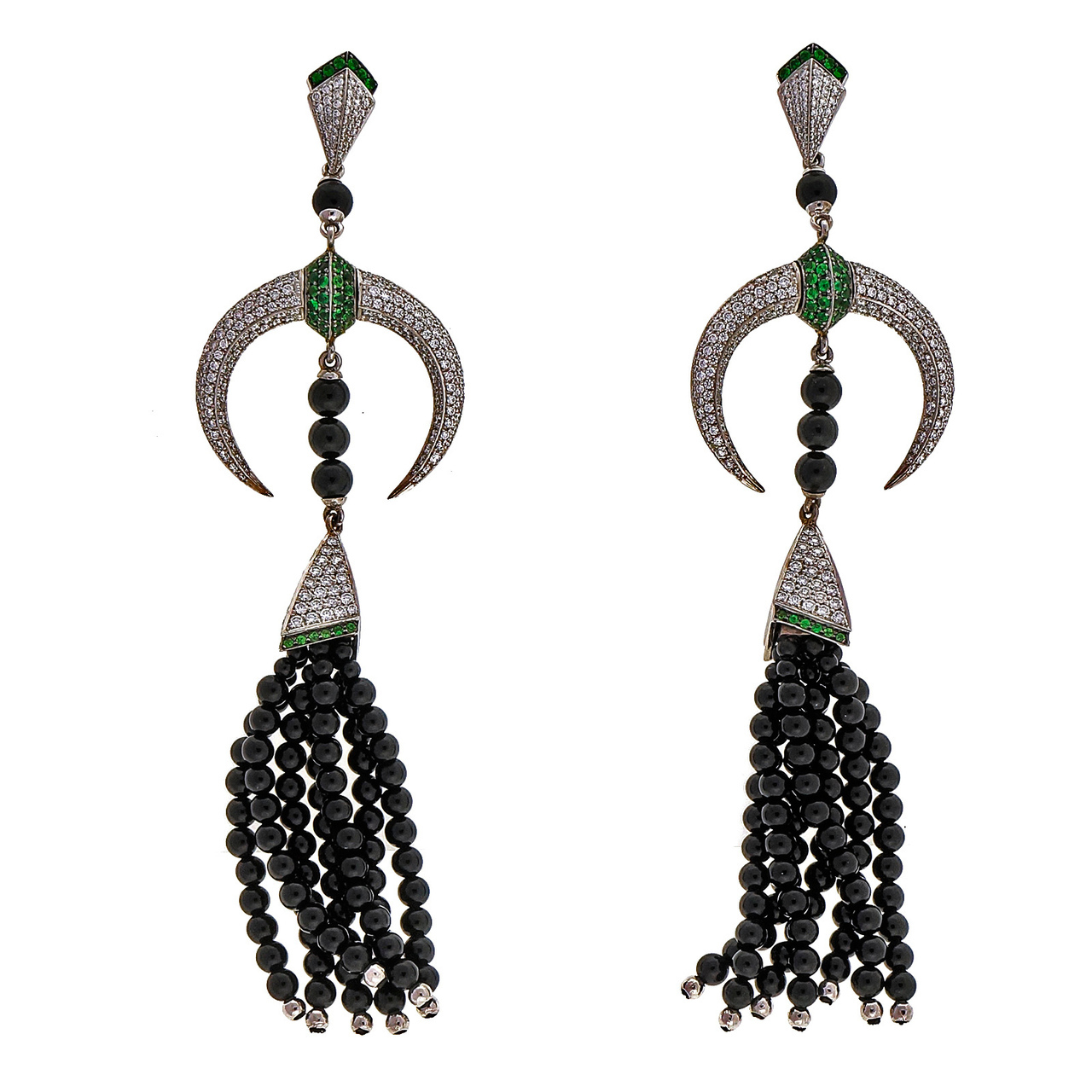 14K White Gold Onyx Diamond Tsavorite Dangle Earrings