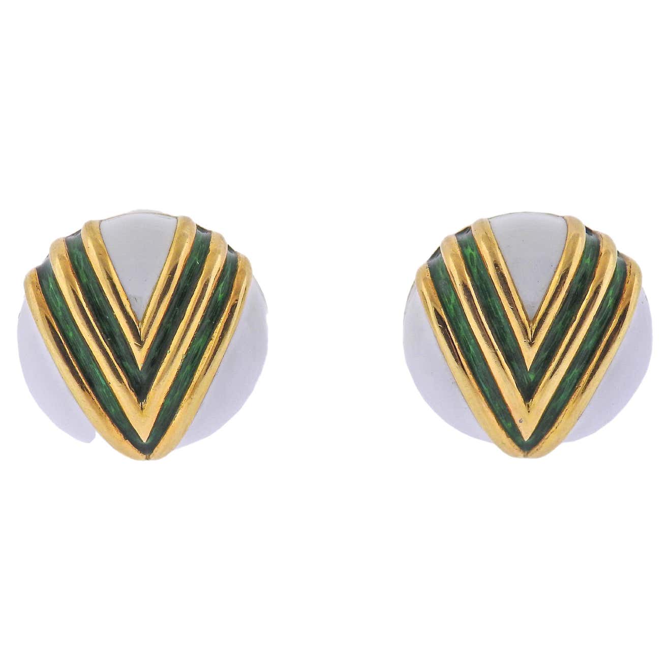 Tiffany  Co Green White Enamel Gold Button Earrings