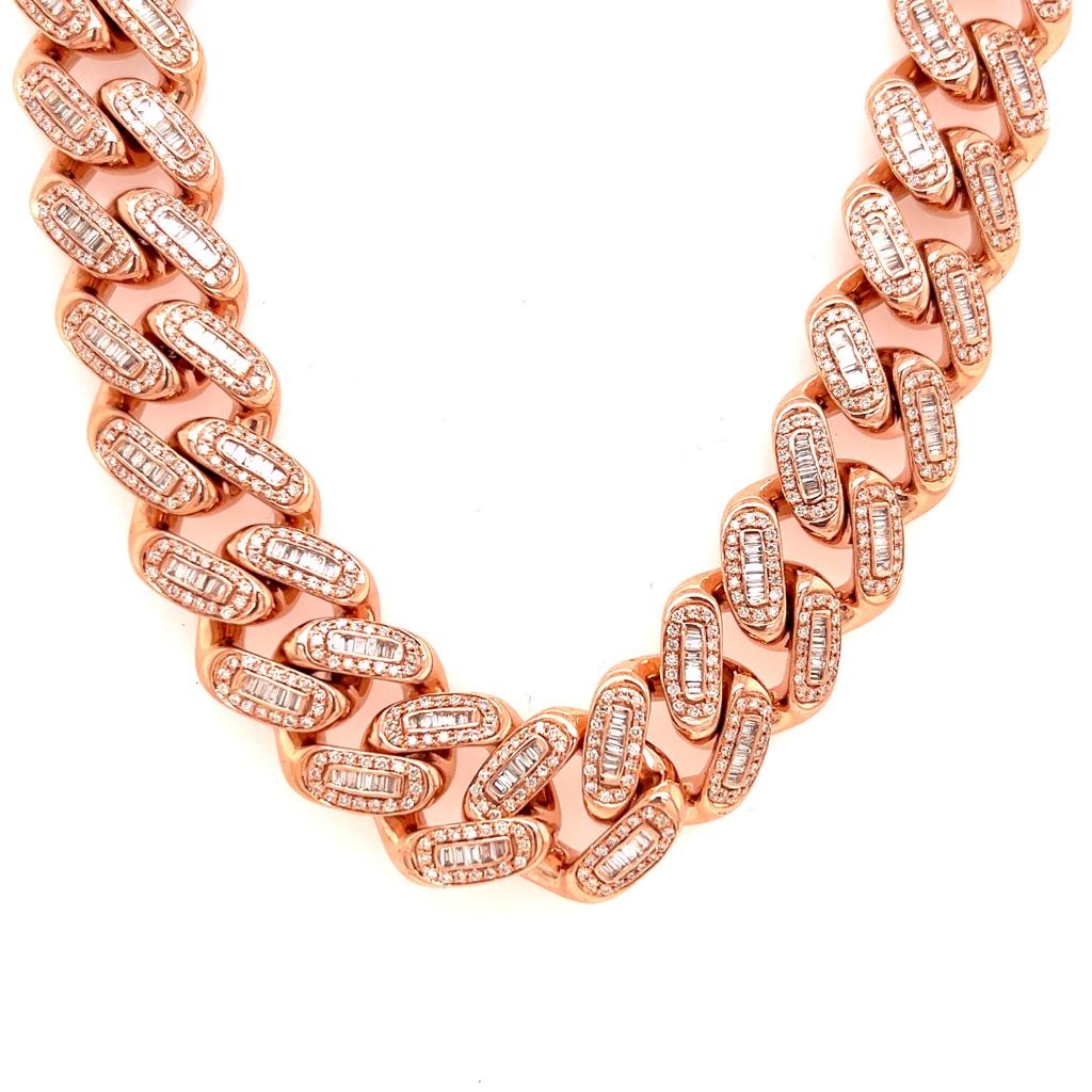14K Rose Gold 16MM Baguette Diamond Miami Cuban Chain 13.25 CT 22"