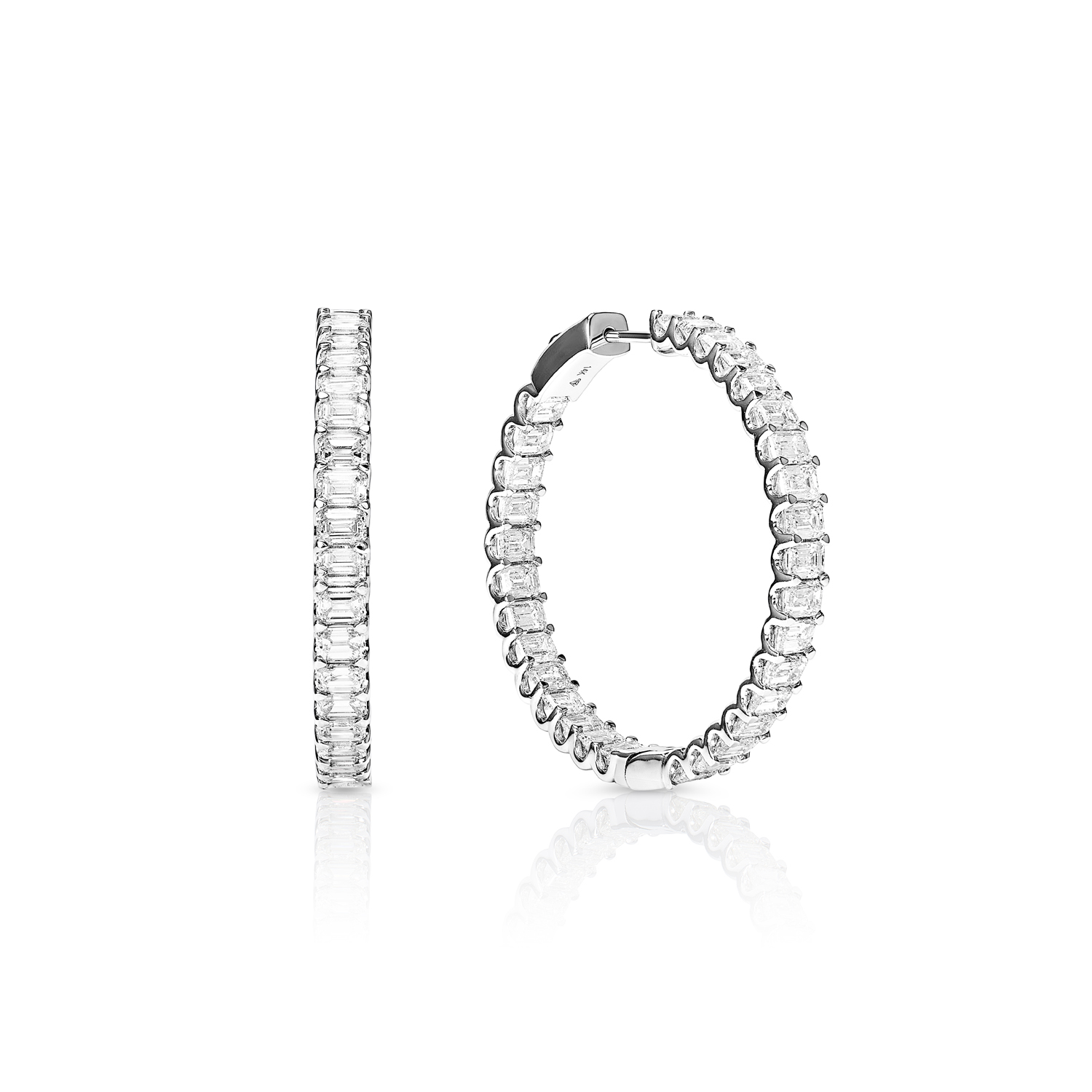 True Carats Emerald Cut Earth Mined Hoops Diamond Earrings in 14 karat White Gold