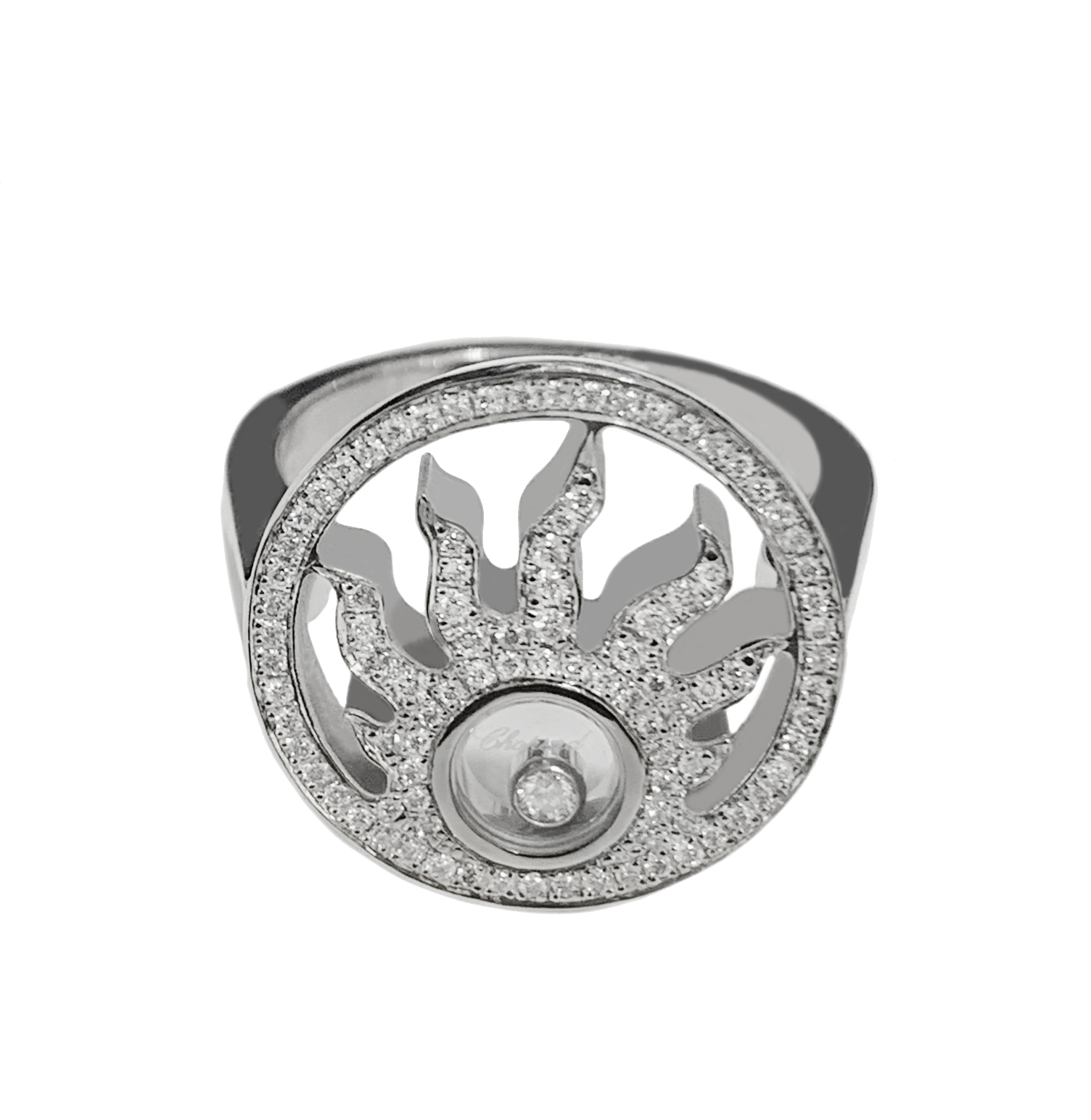 Chopard 18K White Gold Floating Happy Sun Fire Diamond Pave Ring