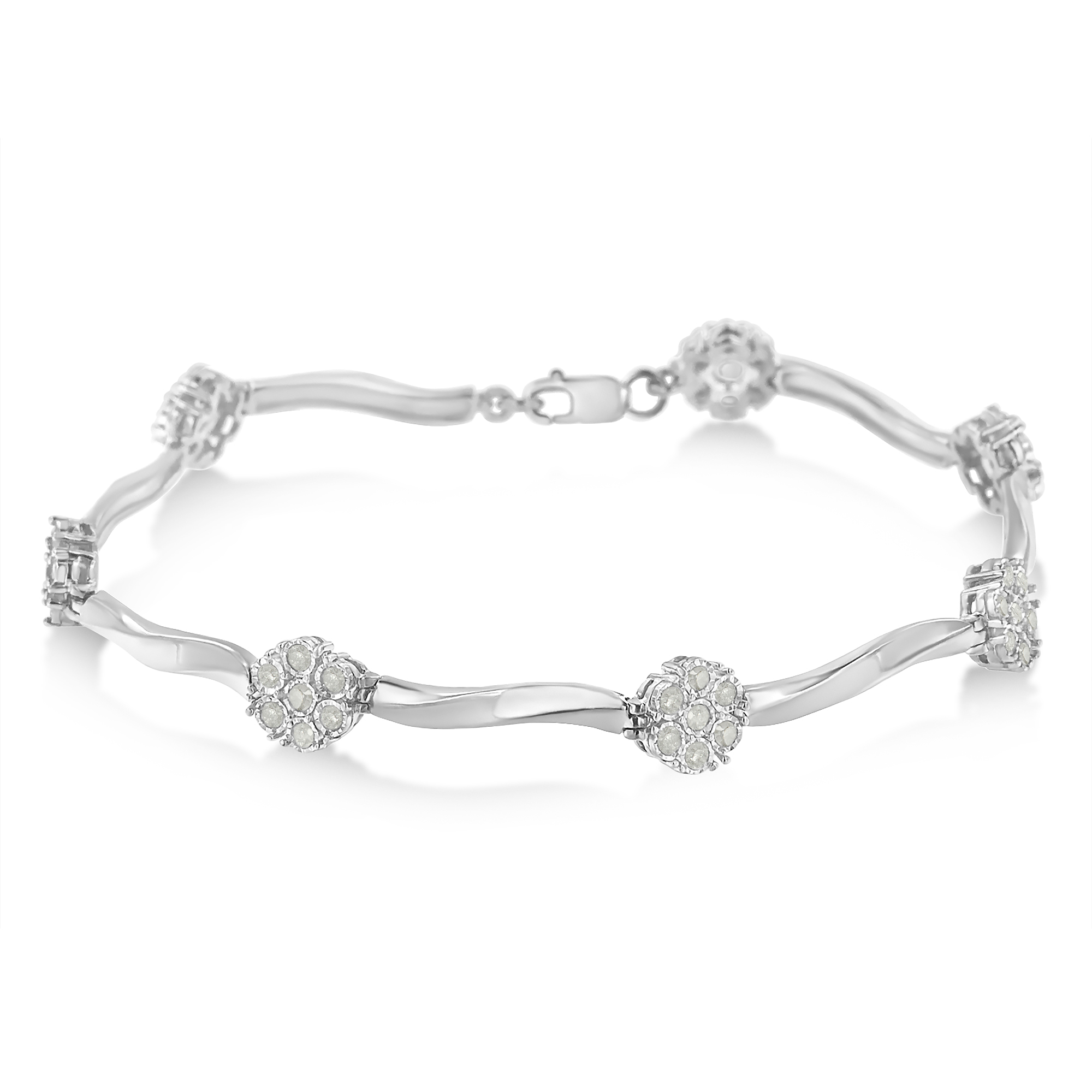 True .925 Sterling Silver 1.0 Cttw Diamond Cluster Miracle-Set Station & Twisted Bar 7" Tennis Bracelet (H-I Color, I1-I2 claritys
)
