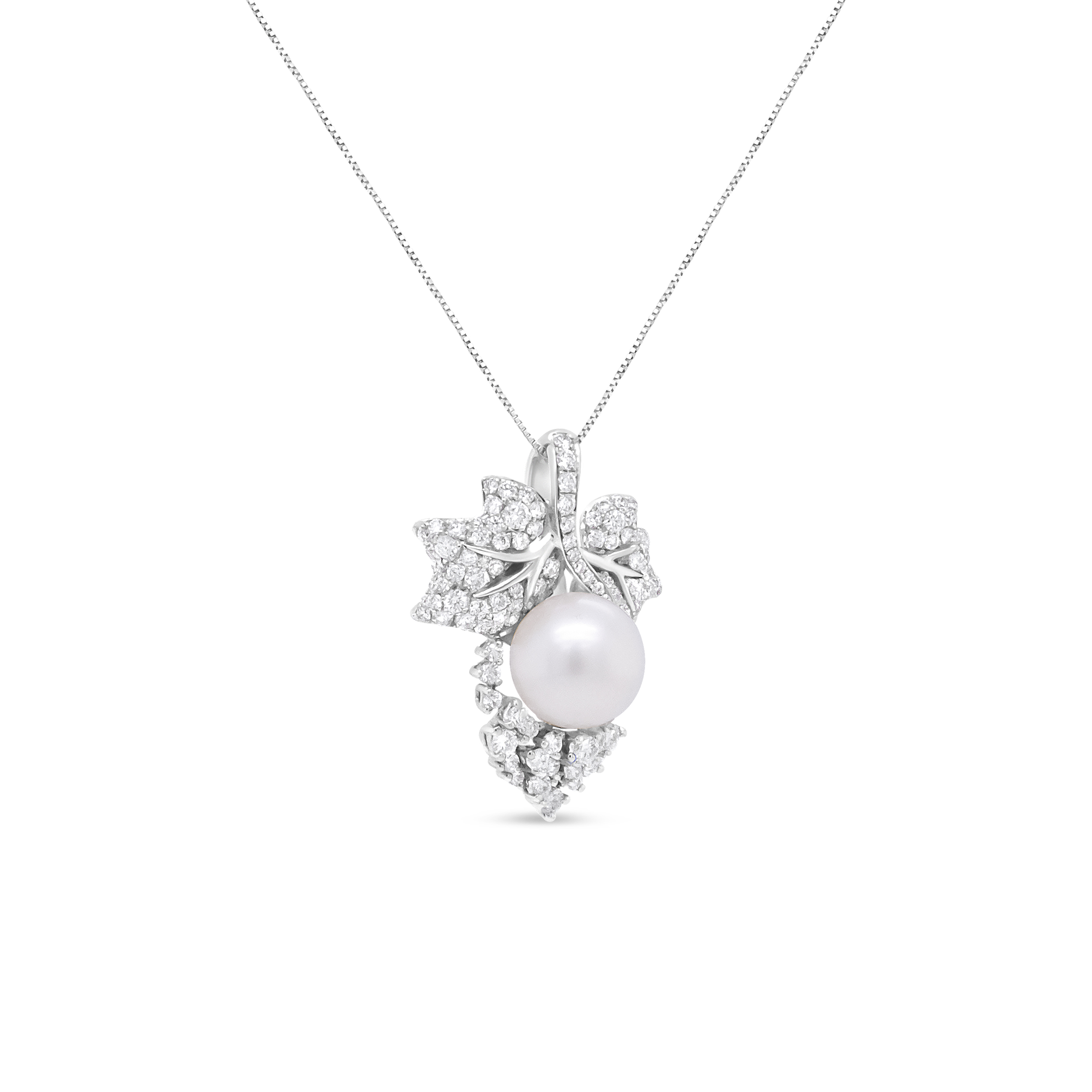 18K White Gold 10 MM Cultured Pearl and 7/8 Cttw Diamond Floral Leaf 18" Pendant Necklace (F-G Color, SI1-SI2 Clarity)