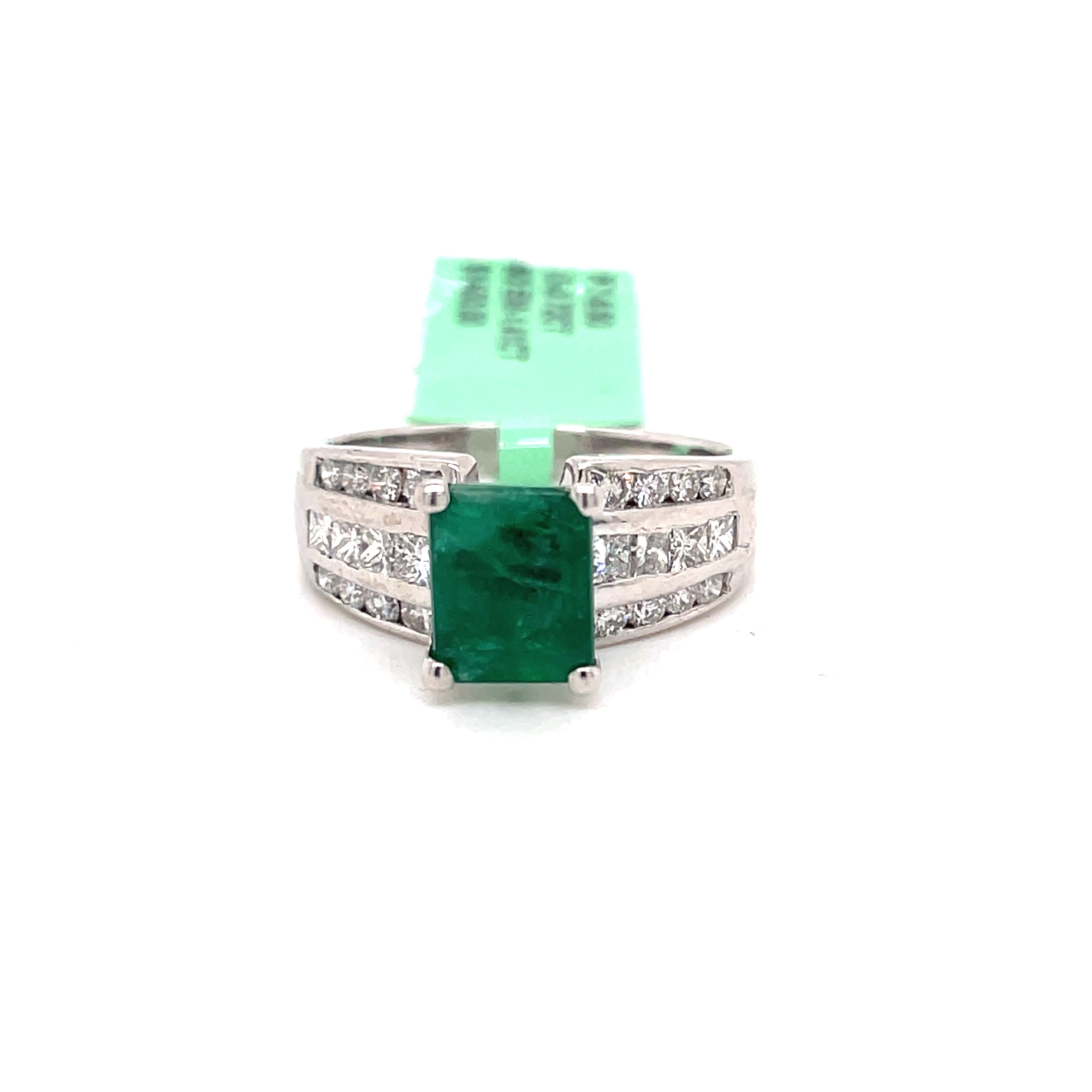 Emerald and Three Row Diamonds Ring in Platinum