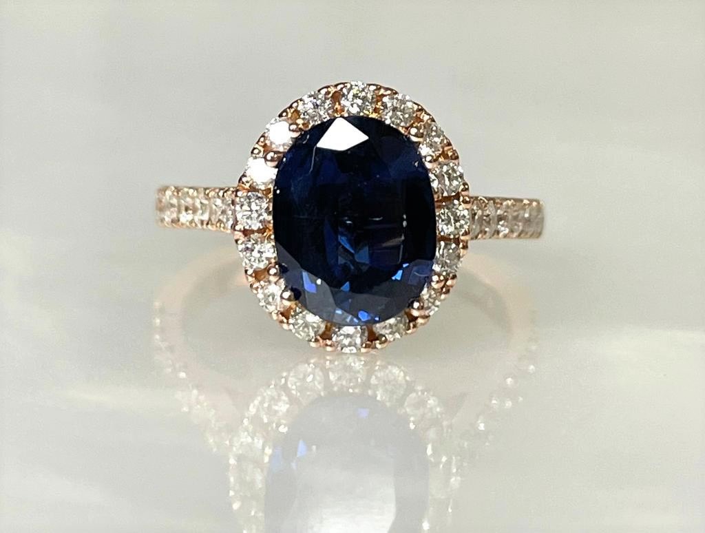 14K Rose Gold Oval Cut Blue Sapphire Diamond Ring