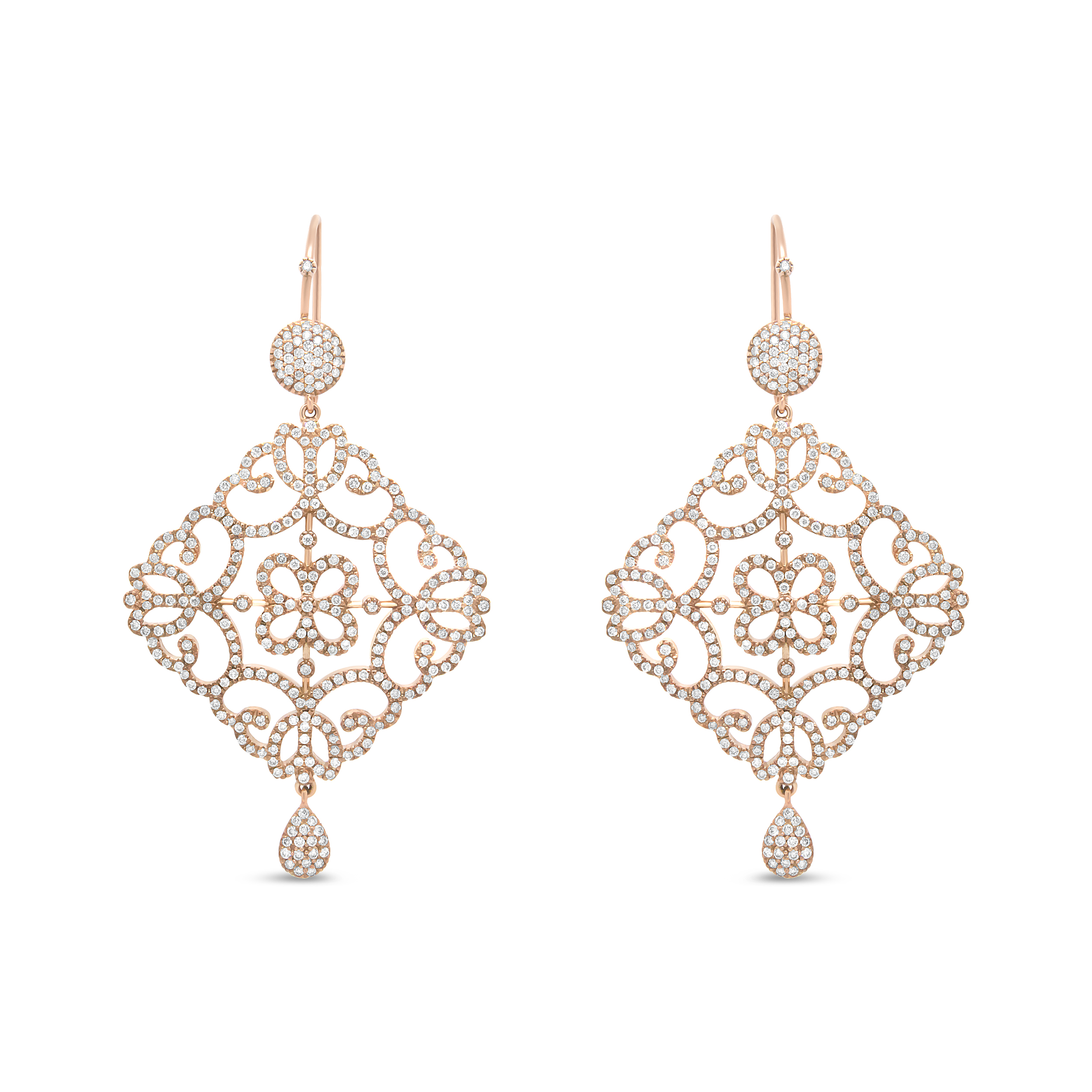 18K Rose Gold 3 1/4 Cttw Round Diamond Openwork Filigree Dangle Earring (H-I Color, SI1-SI2 Clarity)