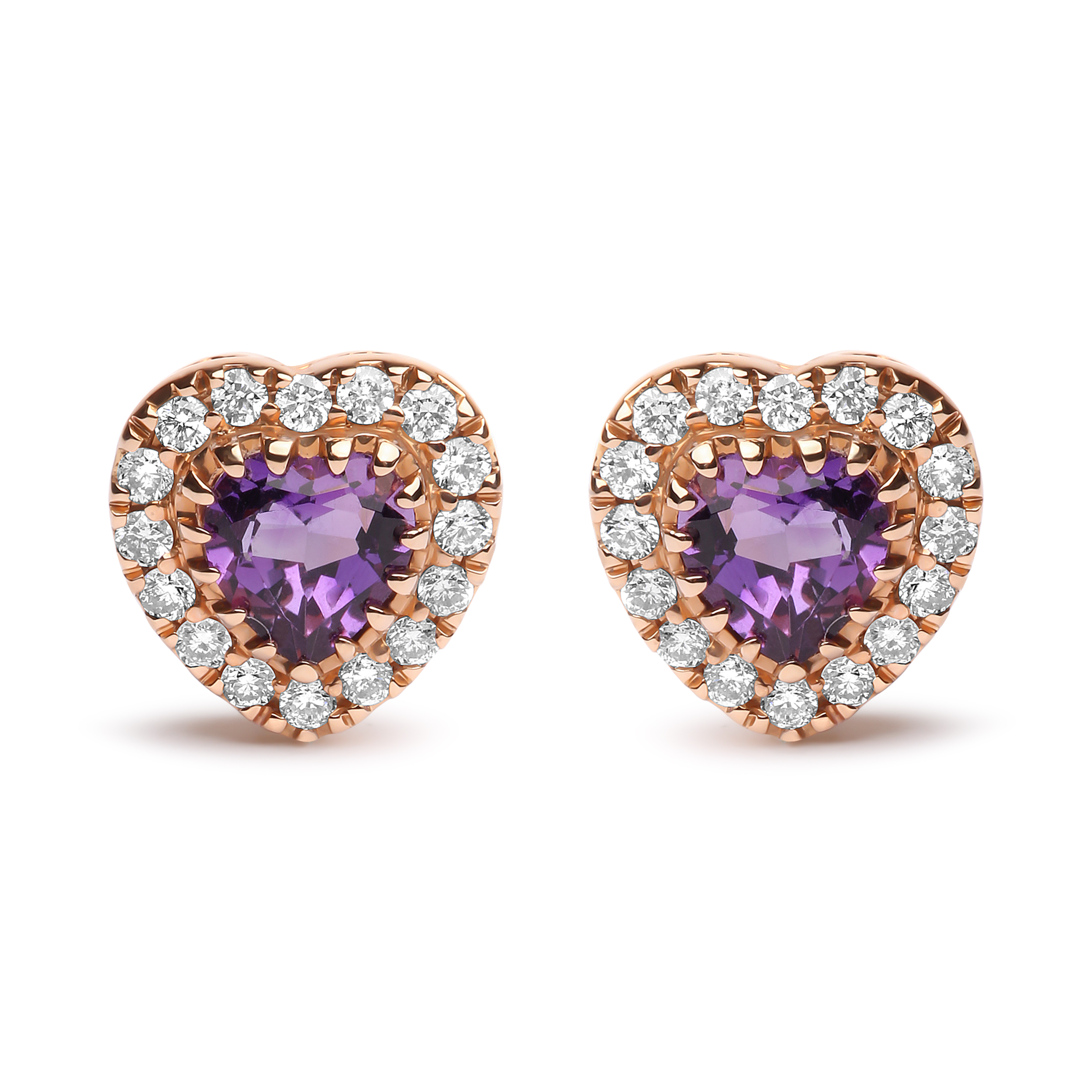 True 18K White and Rose Gold 1/6 Cttw Diamond and 4mm Heart Cut Purple Amethyst Gemstone Halo Heart Stud Earrings (G-H Color, SI1-SI2 Clarity)