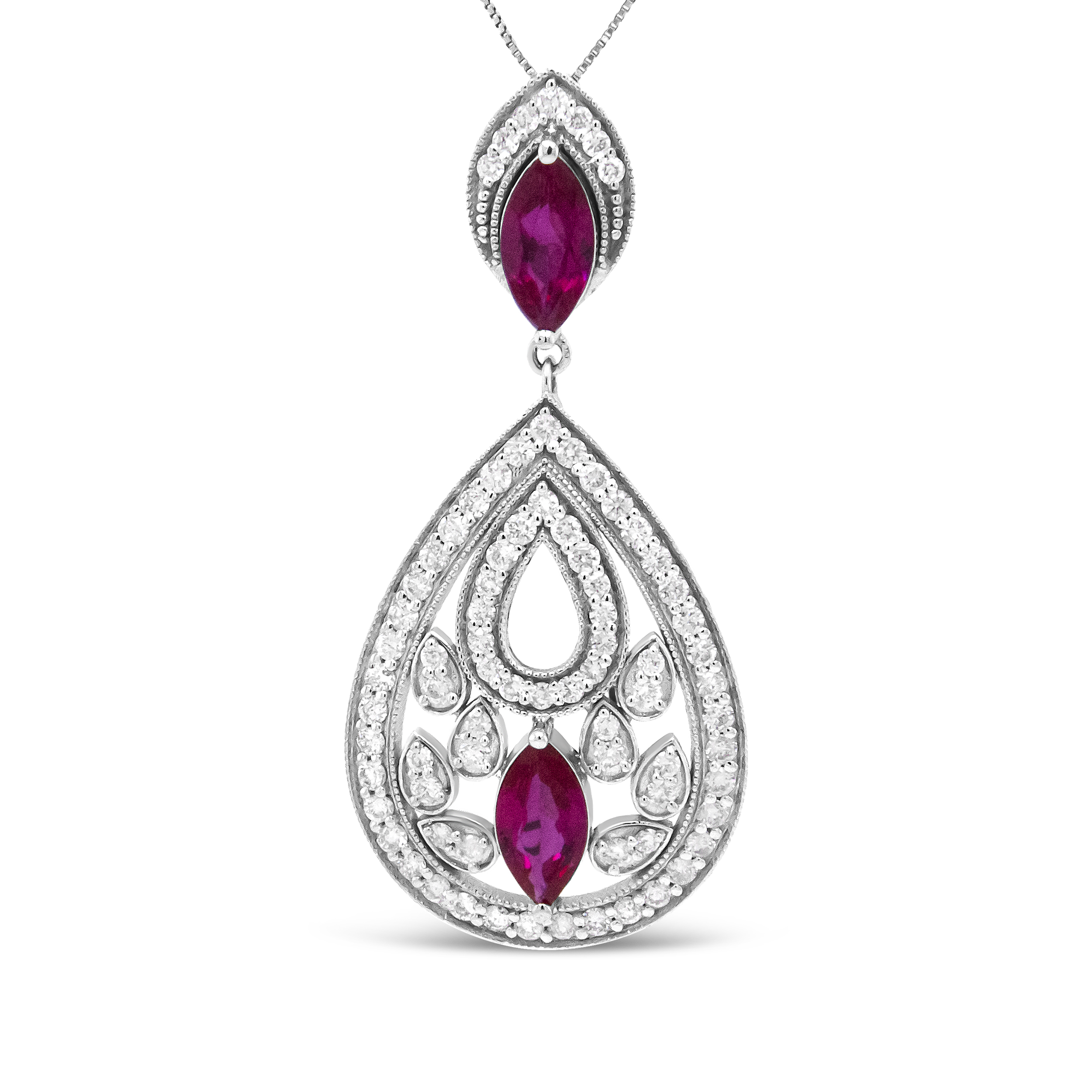 18K White Gold 1.00 Cttw Round Diamond and 8.5 x 4.5mm Marquise Ruby Openwork Teardrop Dangle 18" Pendant Necklace (G-H Color, I1-I2 Clarity)