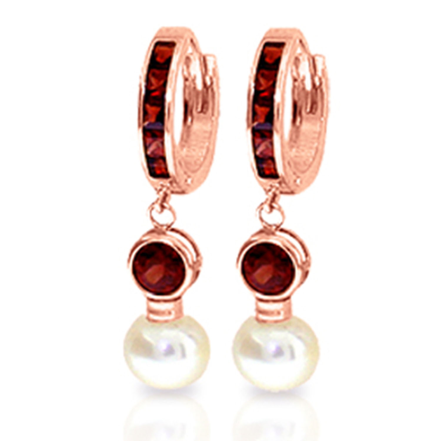 4.3 CTW 14K Solid Rose Gold Huggie Earrings Cultured Pearl Garnet