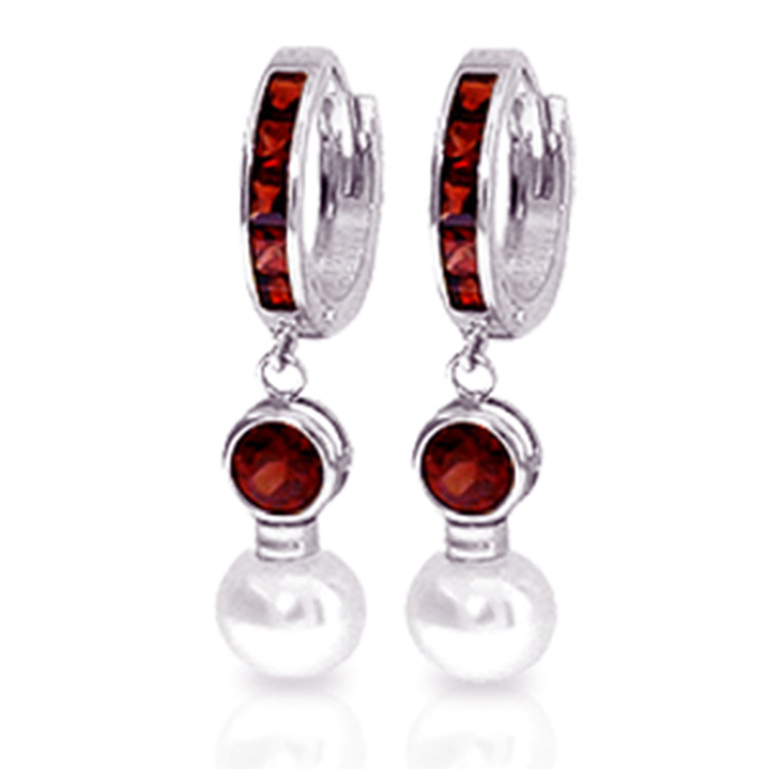 4.3 CTW 14K Solid White Gold Huggie Earrings Cultured Pearl Garnet