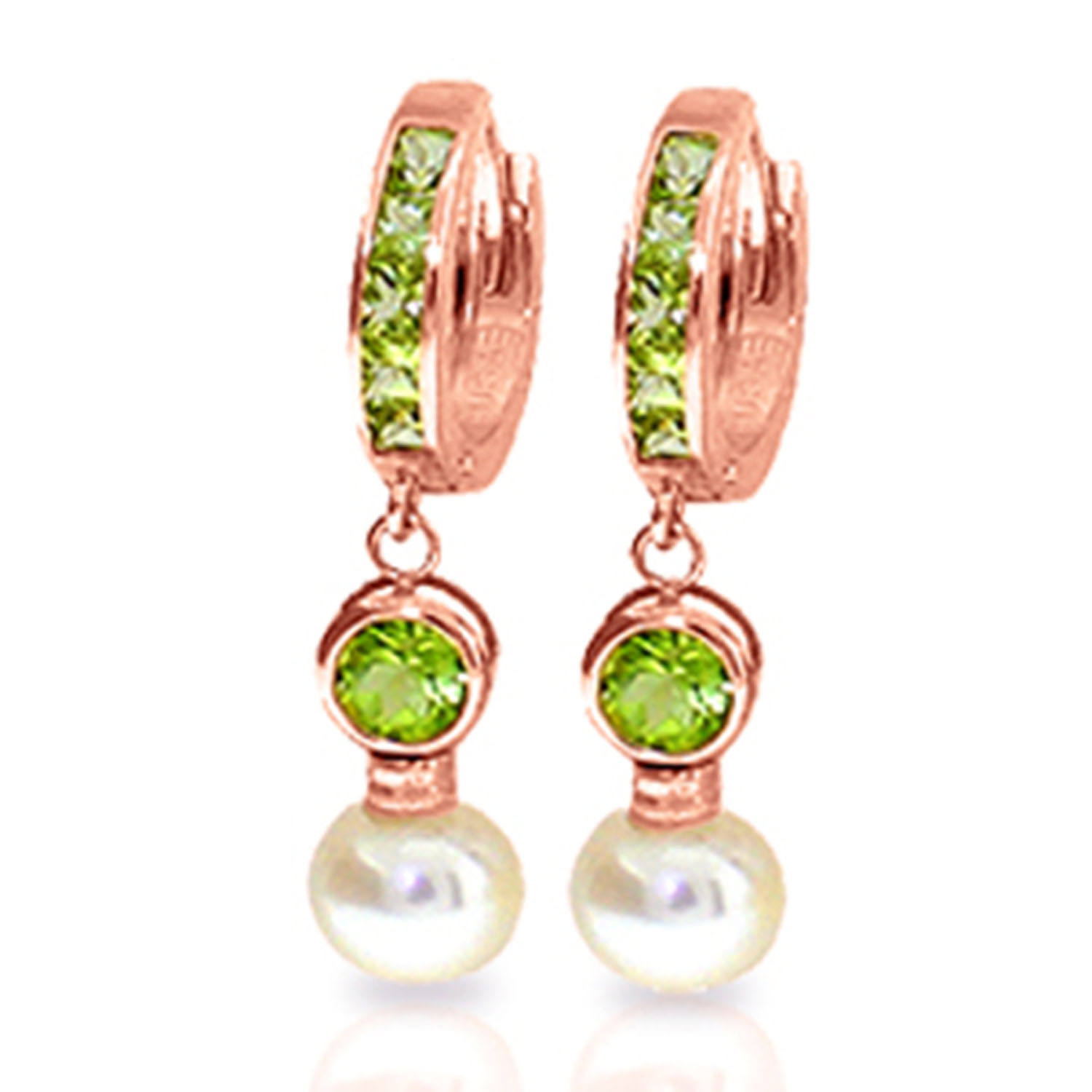 4.3 CTW 14K Solid Rose Gold Huggie Earrings Cultured Pearl Peridot