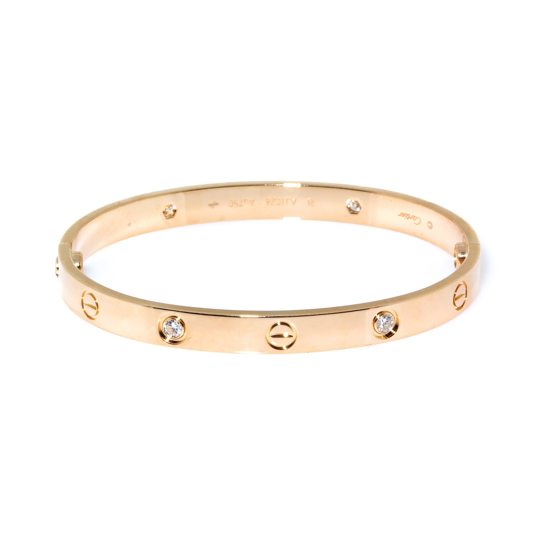 Cartier 18K Rose Gold 4 Diamond Love Bracelet Size 18 - New Locking mechanism