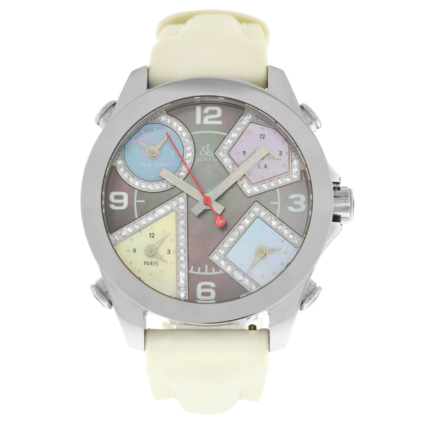 Unisex Jacob  Co. Five 5 Time Zone Watch JCM-54PDA Diamond Steel 40MM MOP