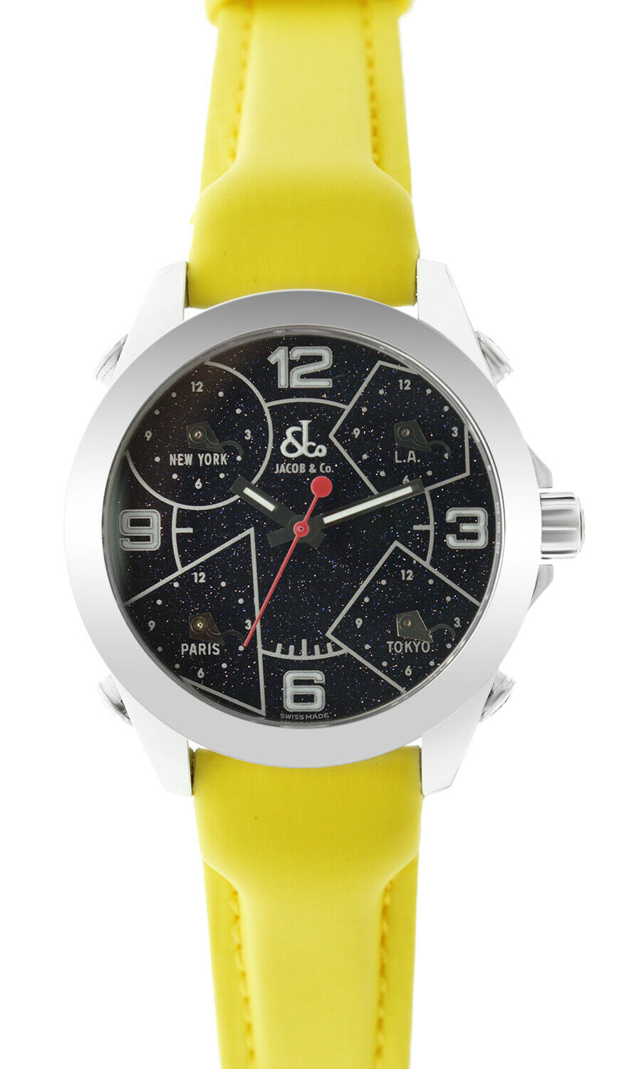 Jacob  Co. Five 5 Time Zone JCM-29 Stainless Steel 40MM Watch Yellow Strap