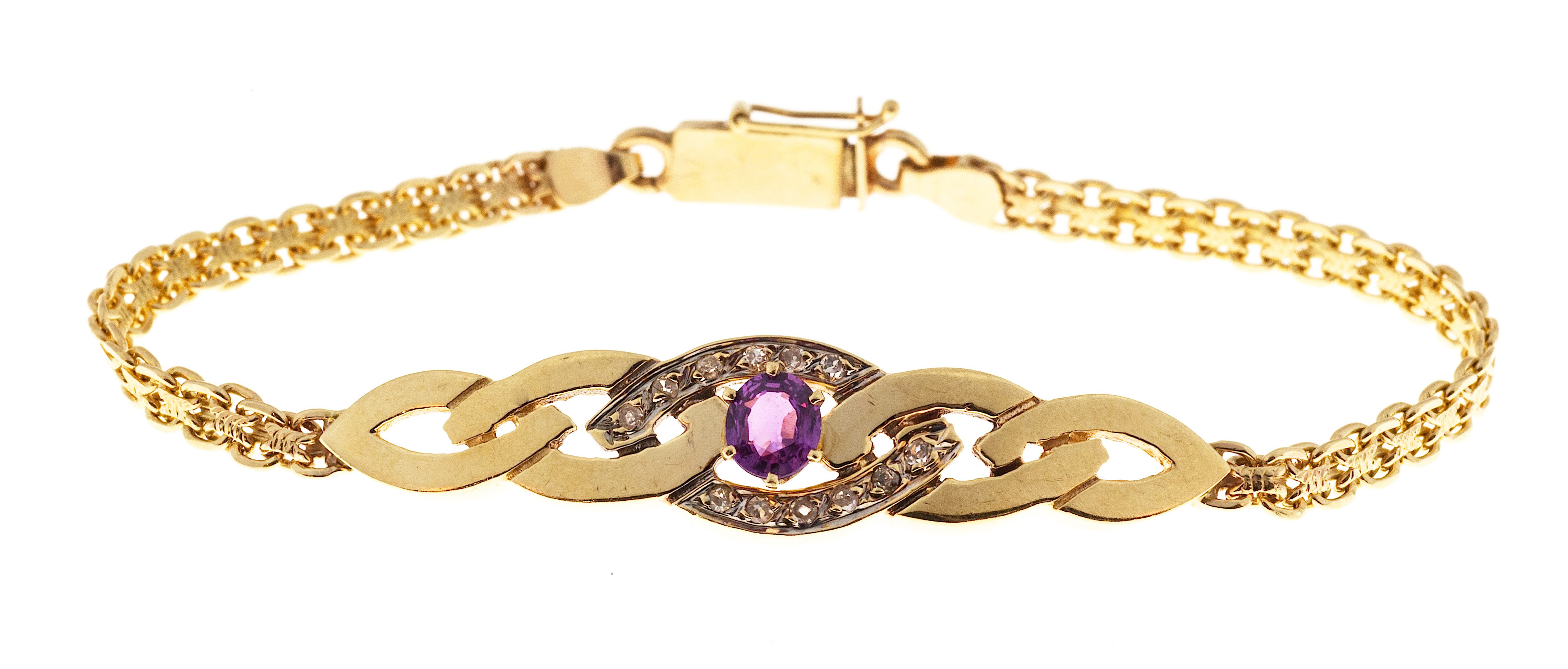14K Yellow Gold with 0.65ct Pink Tourmaline and Diamond Bismark Bracelet