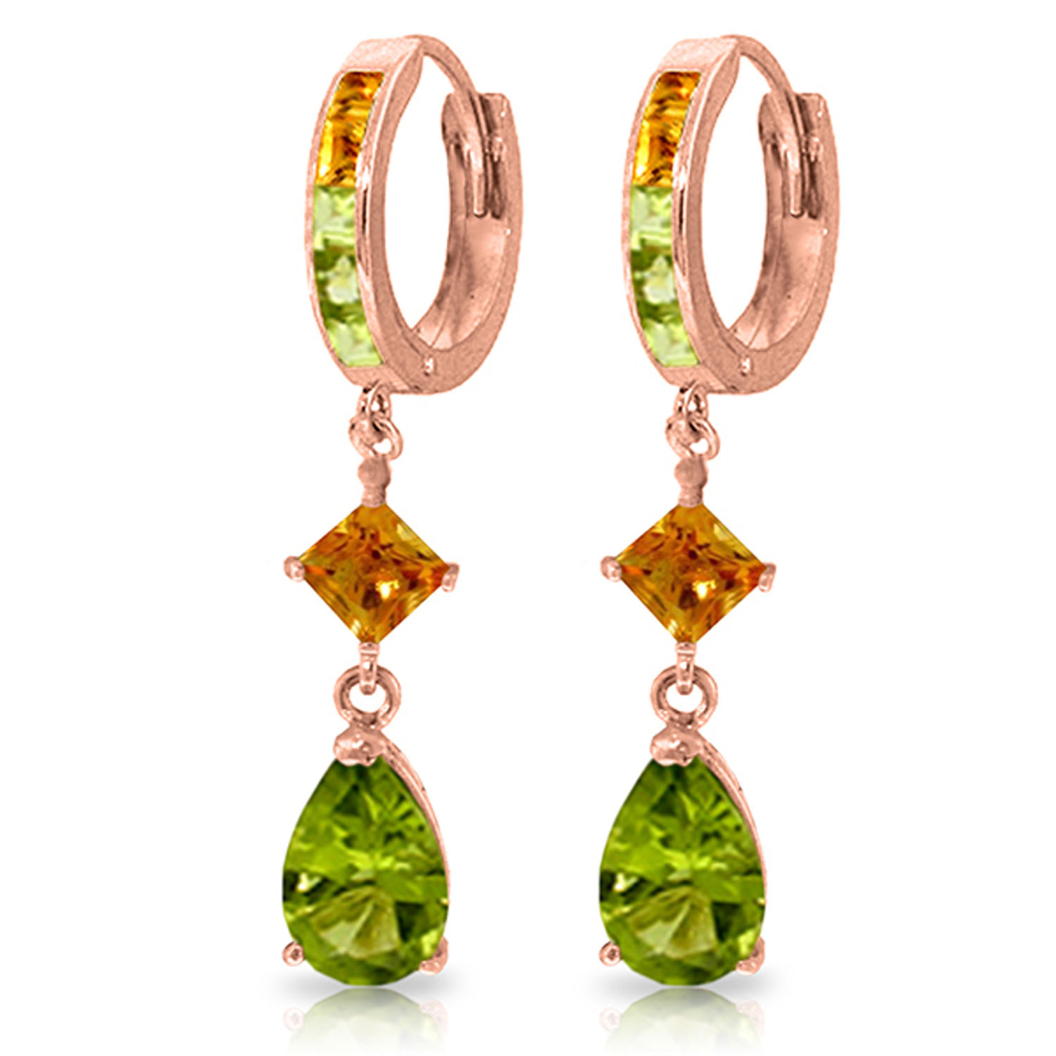 5.15 CTW 14K Solid Rose Gold Huggie Earrings Dangling Peridot Citrine