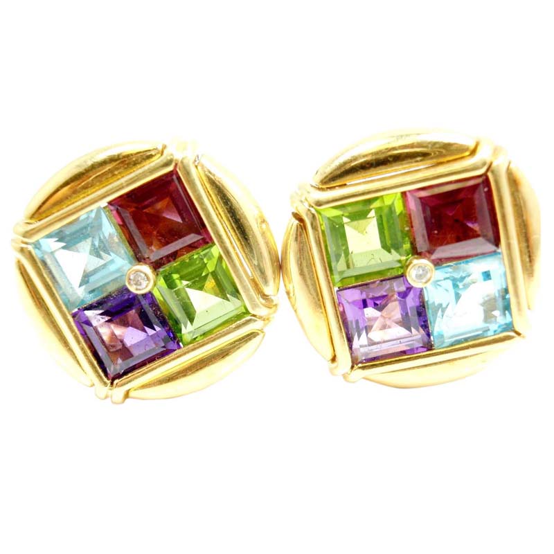 Bulgari 18K Yellow Gold, Diamond, Tourmaline, Amethyst, Peridot and Aquamarine Earrings