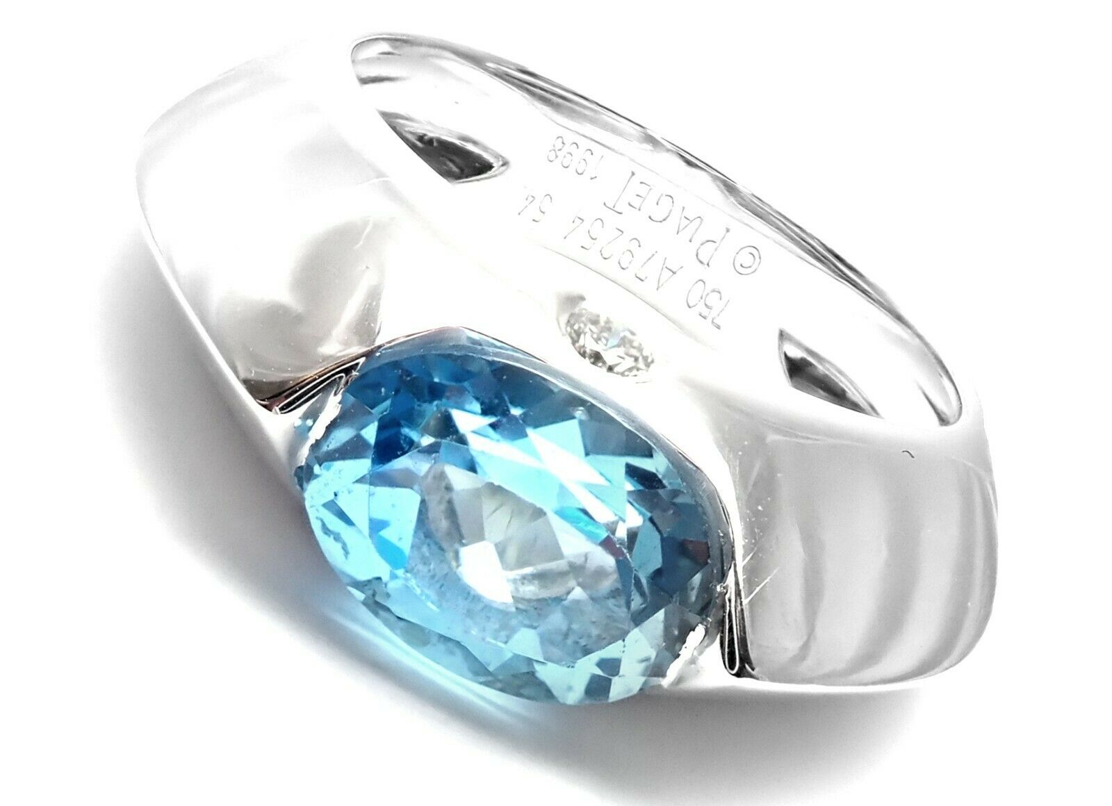 PIAGET 18K WHITE GOLD DIAMOND BLUE TOPAZ MODERN DOME RING, SIZE 54 US 6.75