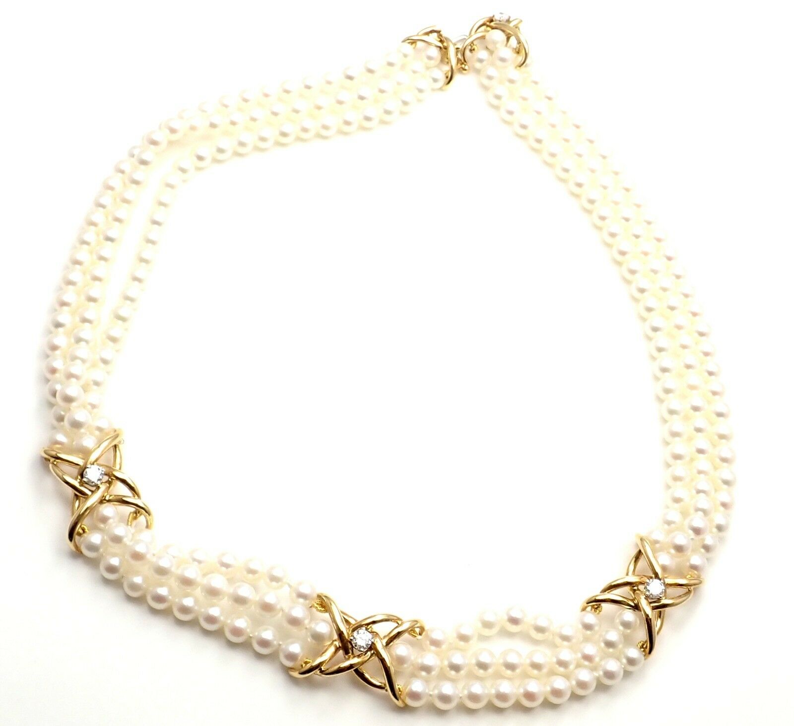 Tiffany  Co 18k Yellow Gold Diamond 3 Strand Pearl Necklace